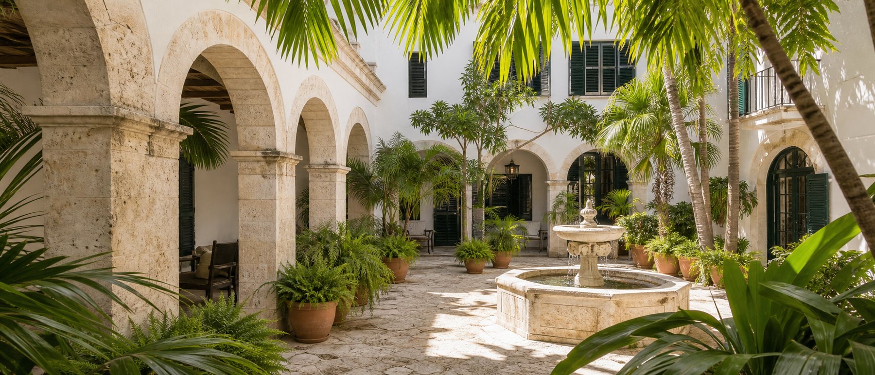 Sunlit Coral Gables courtyard with stone arches, potted plants, and a stone fountain