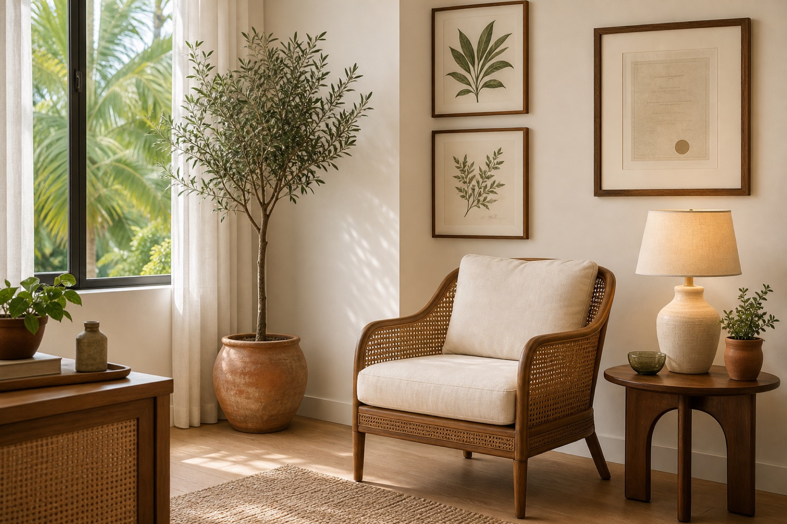 A quiet reading corner with a cane armchair, warm lamp, and framed botanical prints