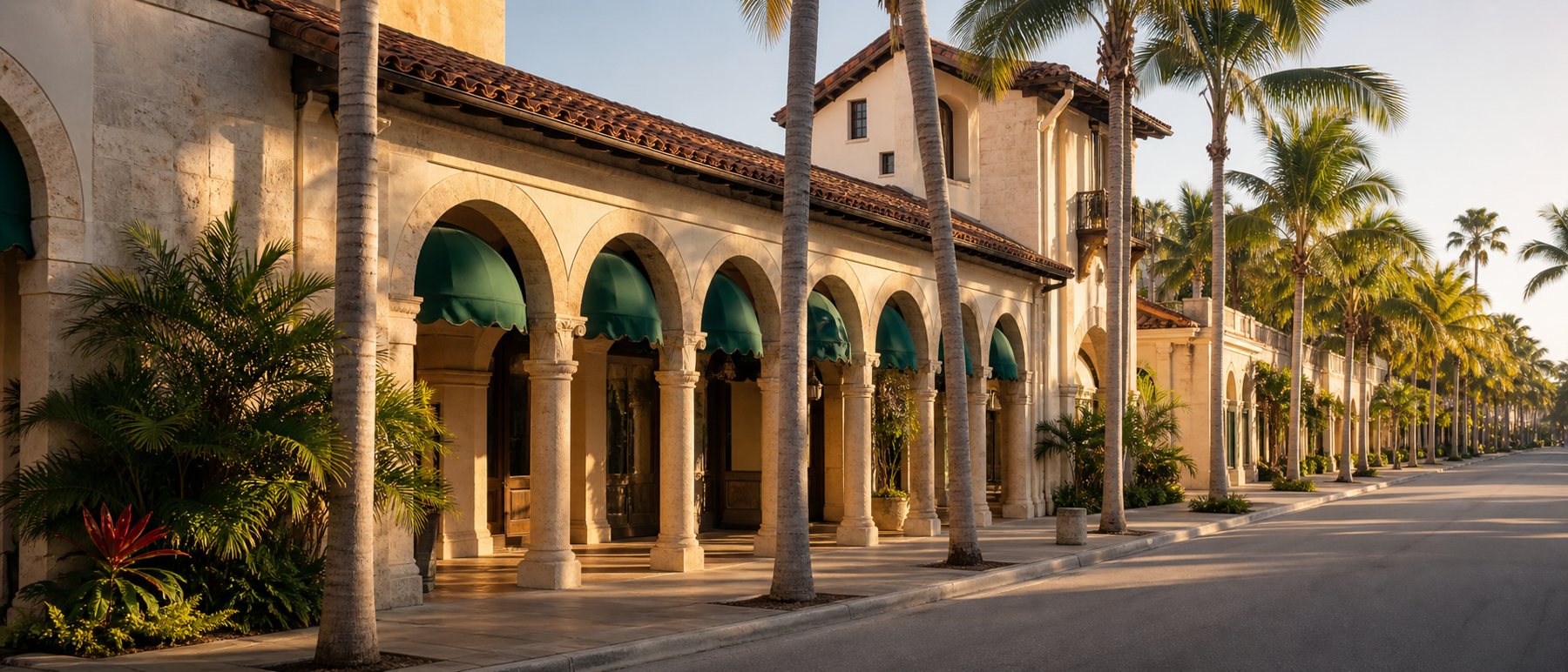 A Coral Gables street lined with royal palms, arcaded storefronts, and green awnings