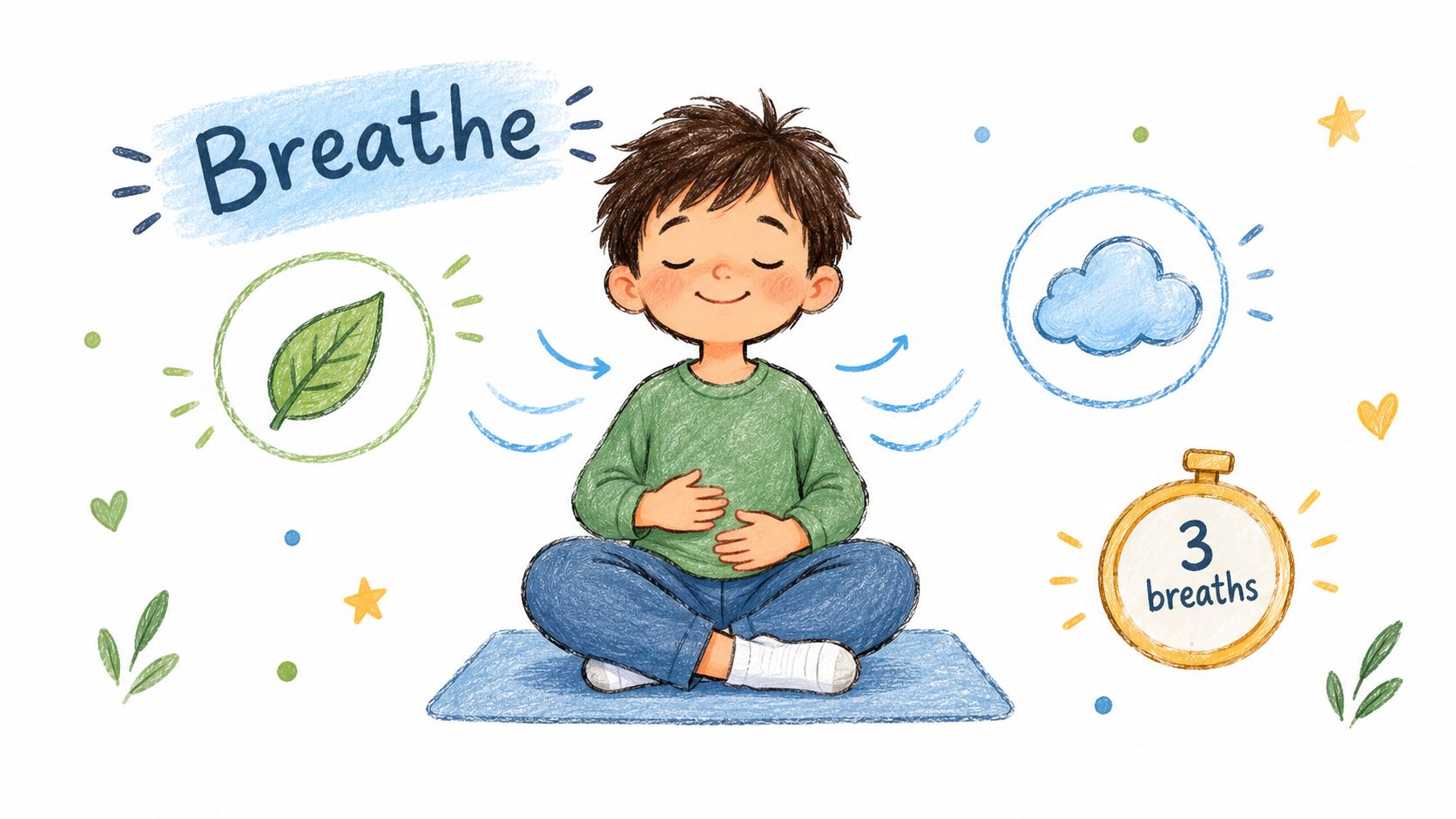 A gentle illustration of a young boy sitting cross-legged and meditating, practicing mindful breathing exercises for relaxation.