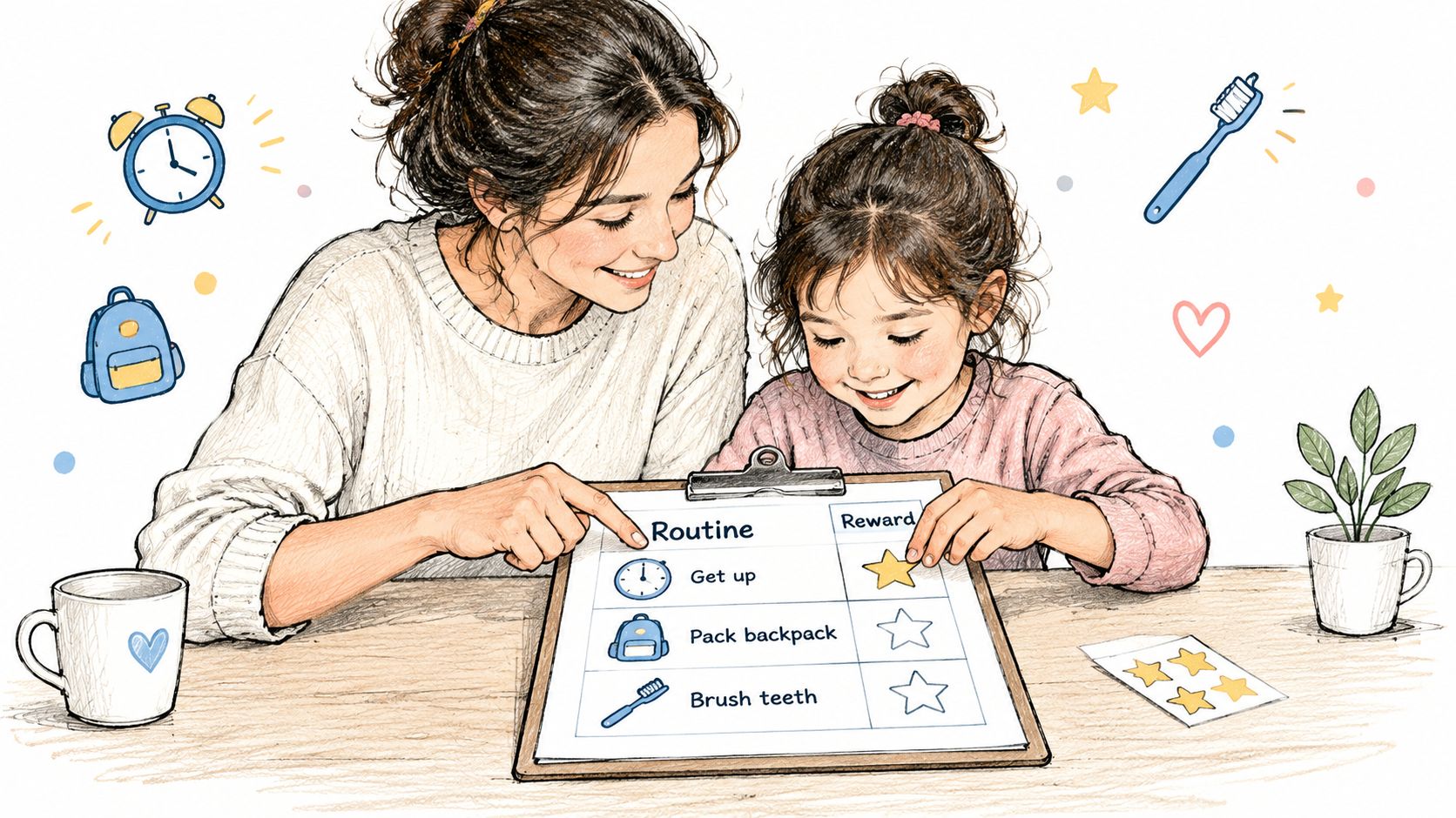 A mother and daughter using a visual routine chart with stars to track daily habit tasks together.