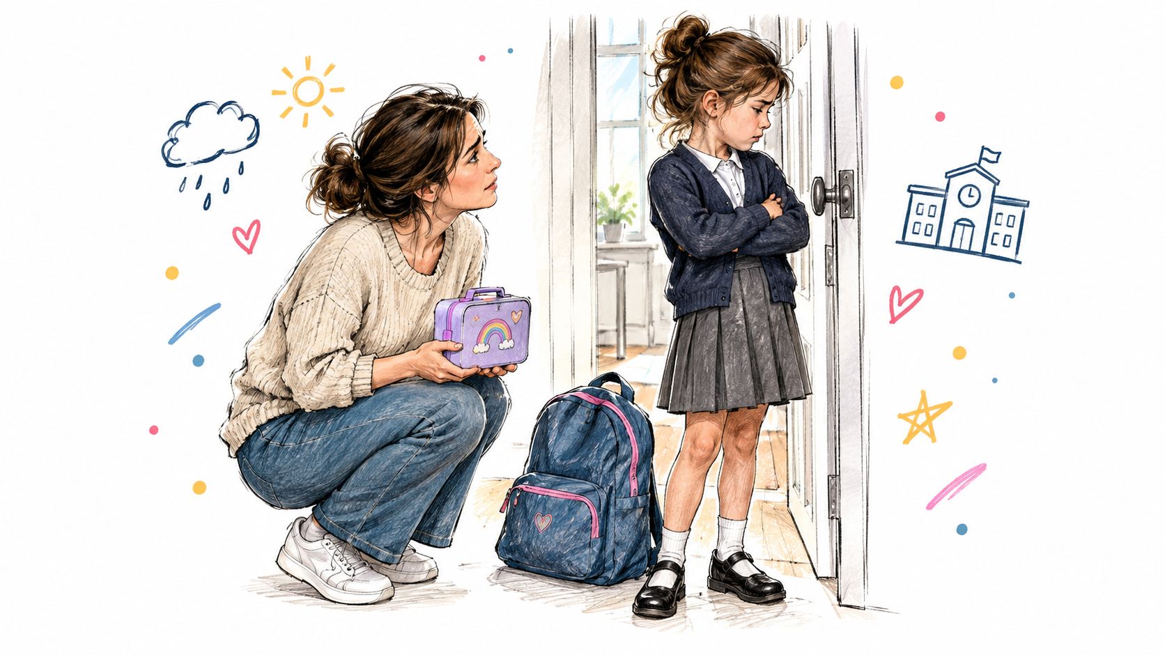A mother gently trying to encourage her unhappy, reluctant young daughter who is about to go to school.