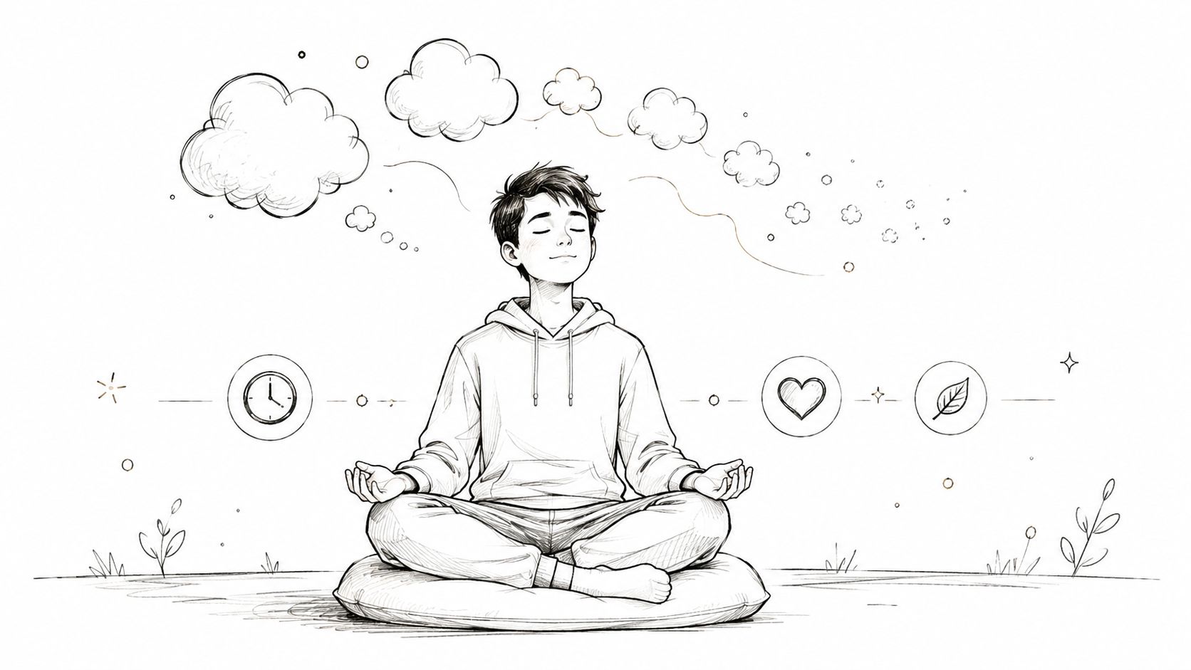 A line art drawing of a young person meditating peacefully on a cushion, surrounded by contemplative icons.