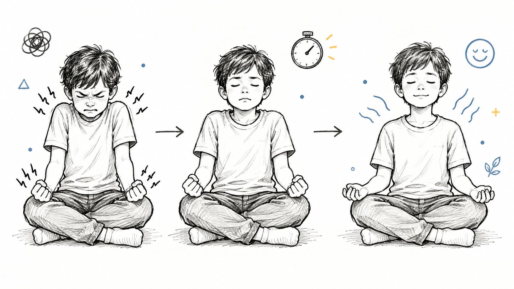 A three-step illustration showing a boy moving from a stressed state to a calm, mindful meditation state.
