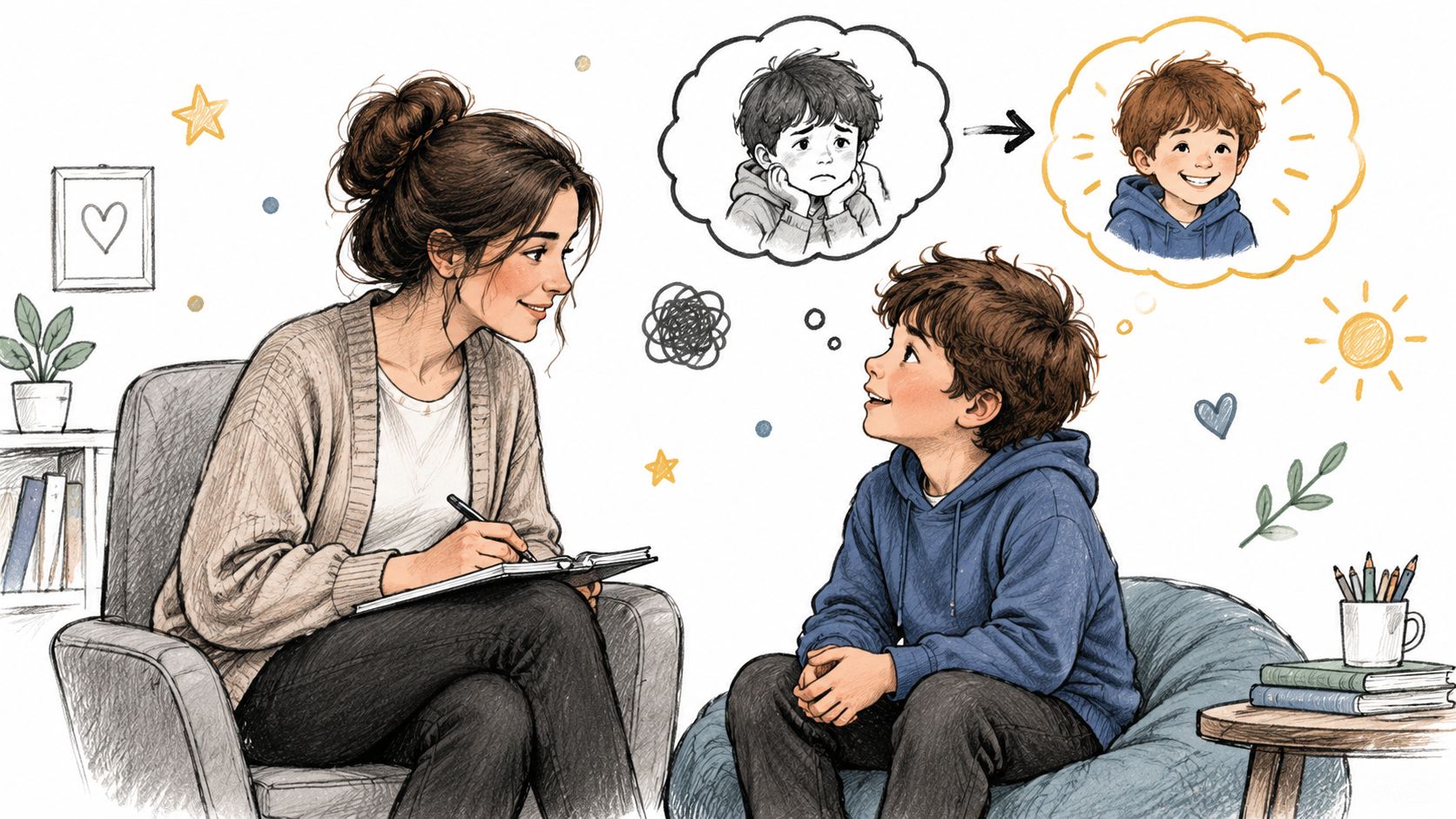 A professional therapist listening to a young boy in a session, illustrating emotional growth and therapy.