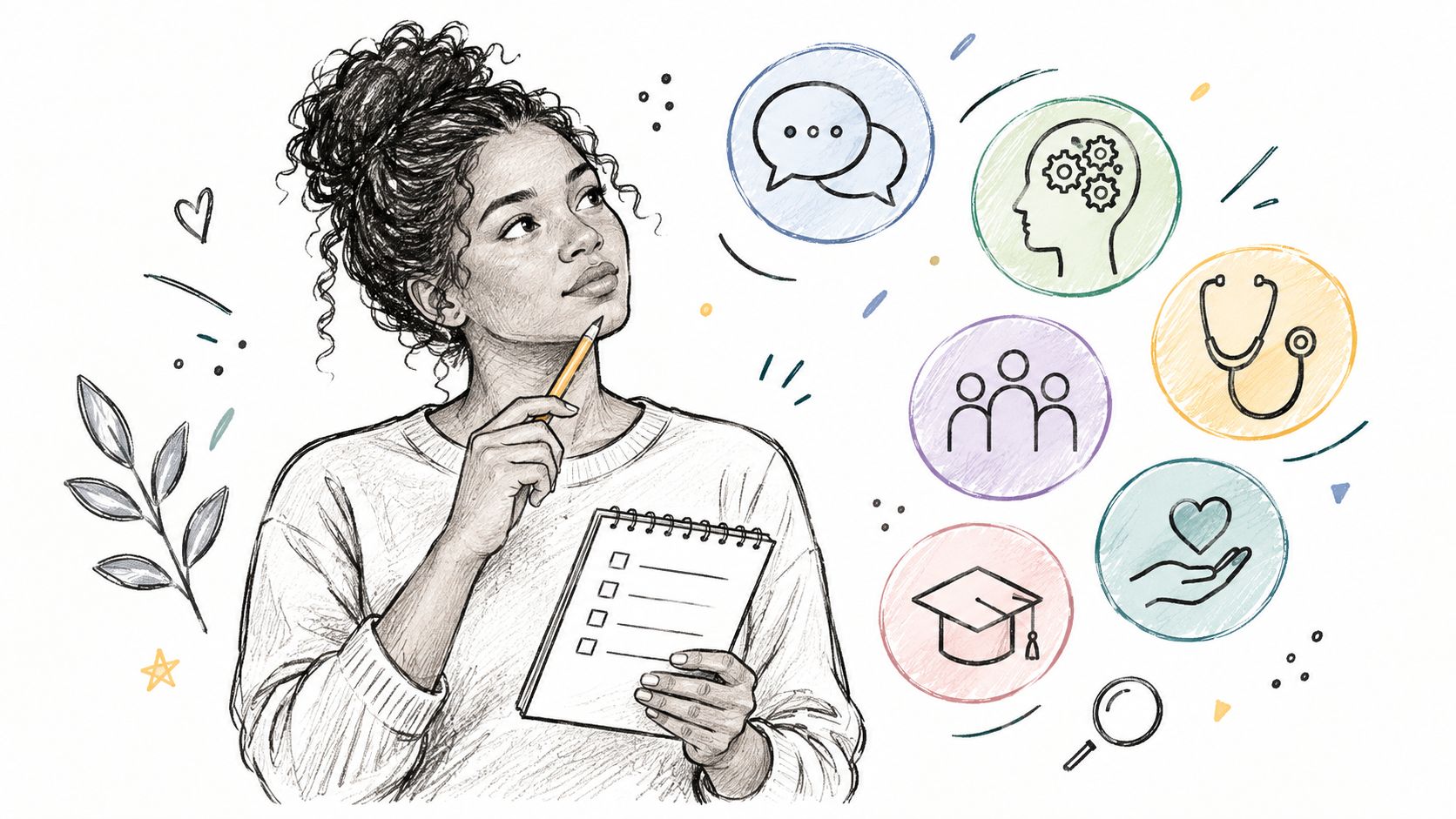 A woman thinking while holding a notepad with icons representing psychological, educational, and healthcare services around her.