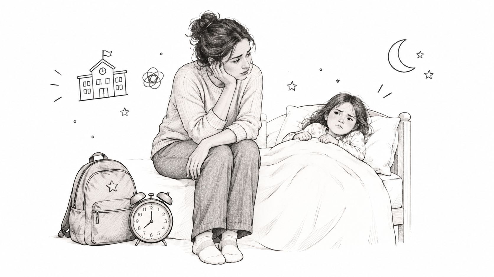 A mother sitting on a bed looking concerned at her young daughter during the nighttime.