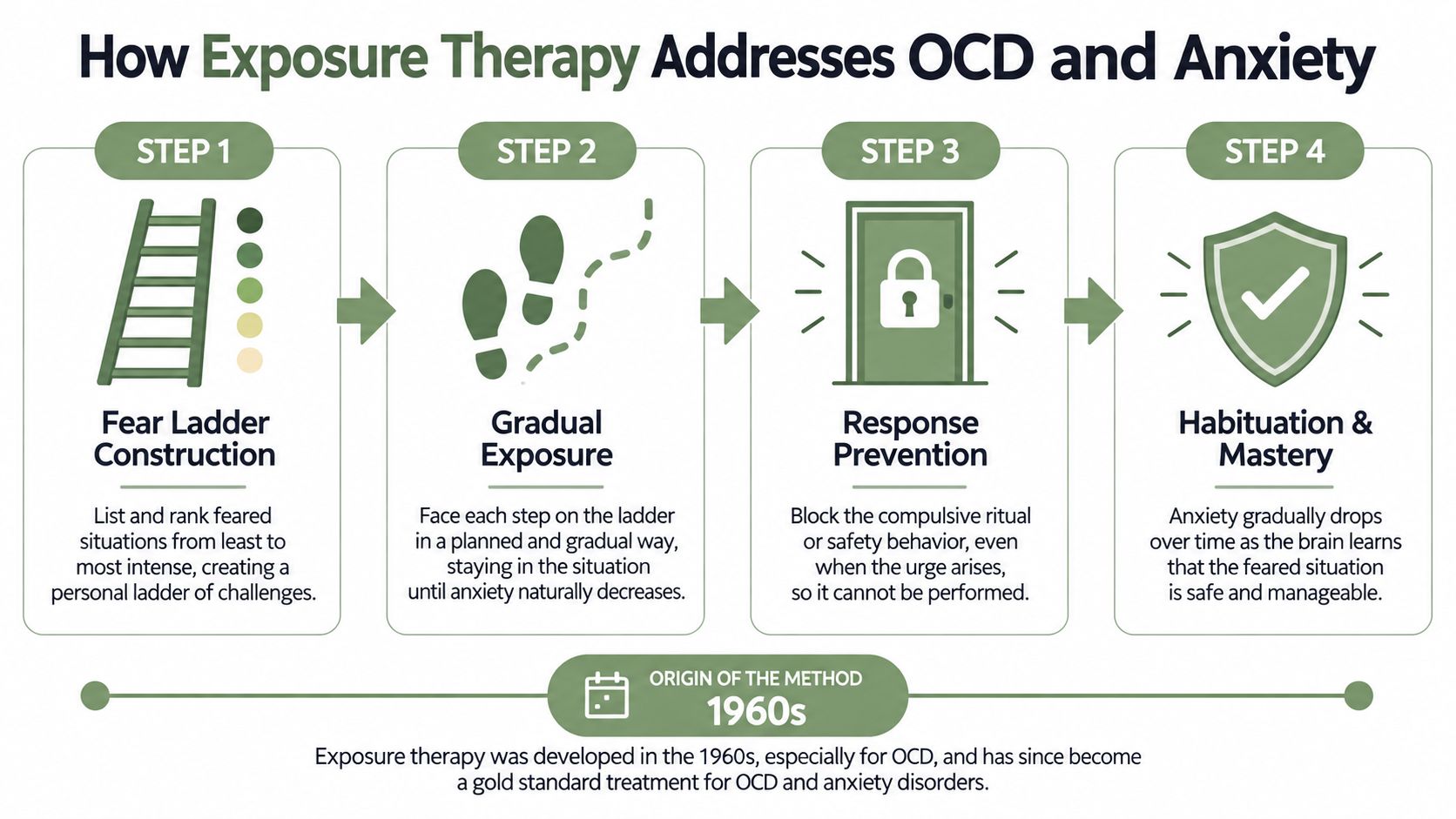 A four-step infographic explaining how exposure therapy treats OCD and anxiety through gradual exposure and response prevention.
