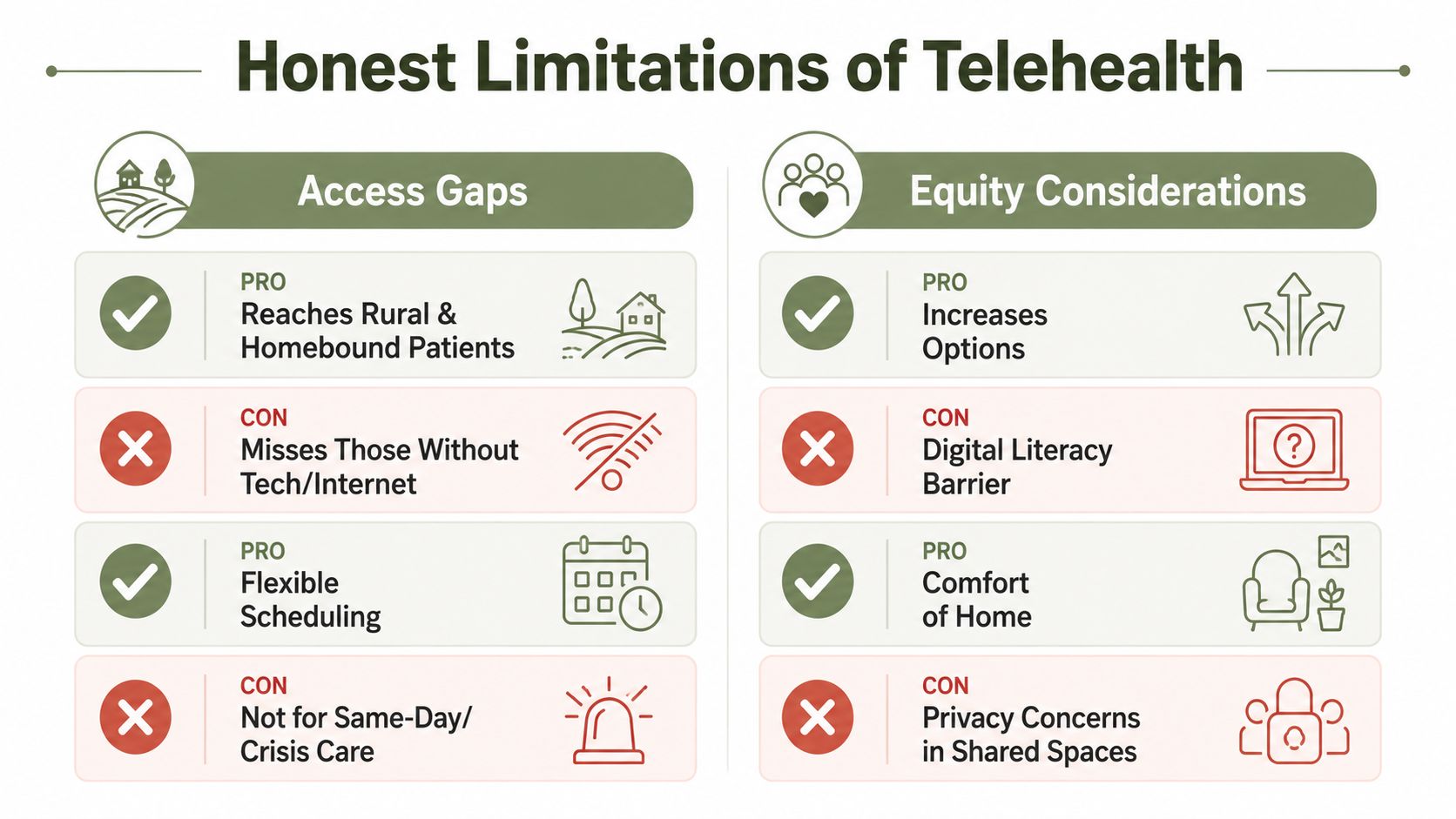A comparison chart highlighting the advantages and disadvantages of telehealth in access and equity.