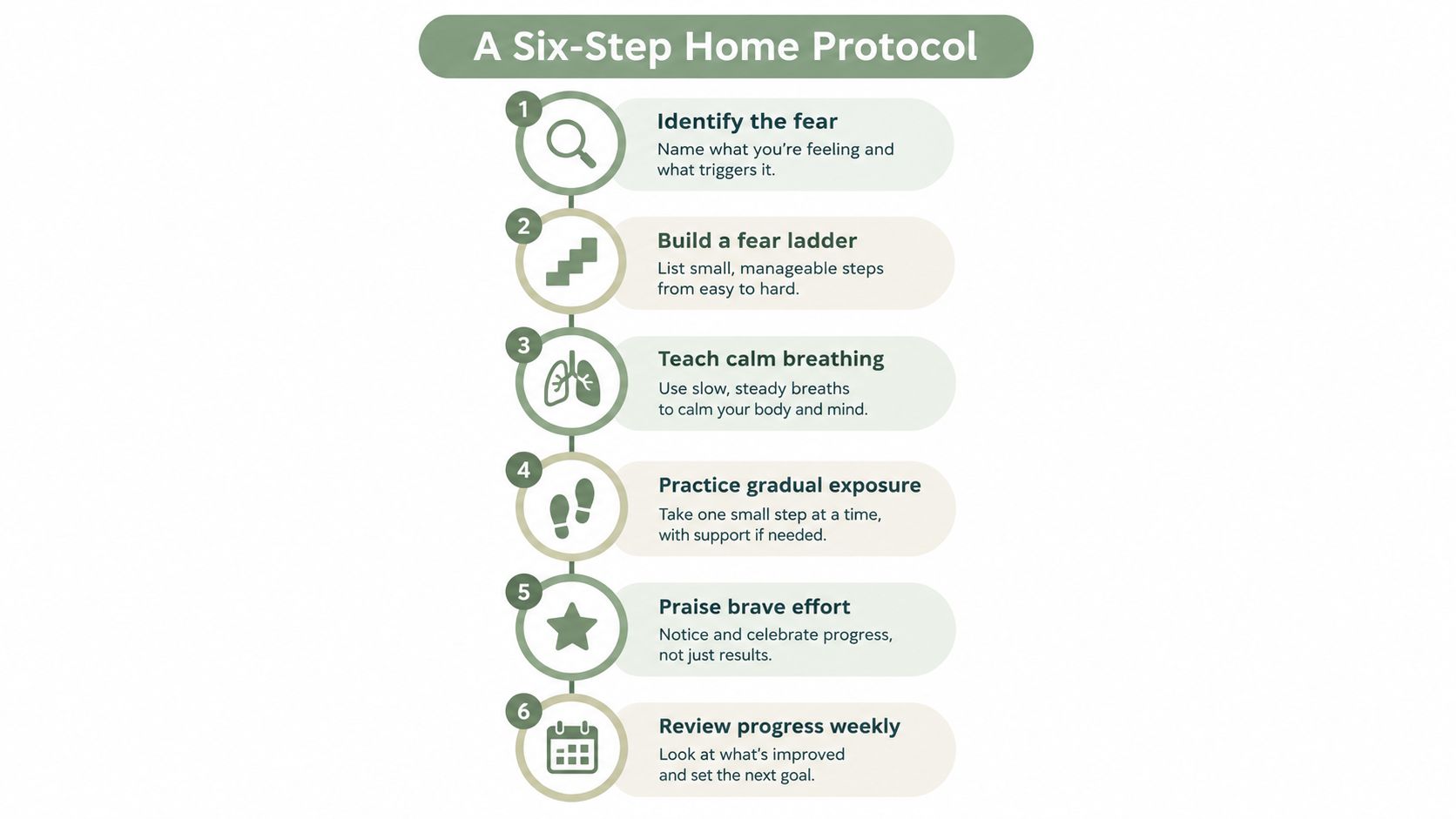 A six-step protocol infographic for managing child anxiety at home with simple, actionable steps for parents.