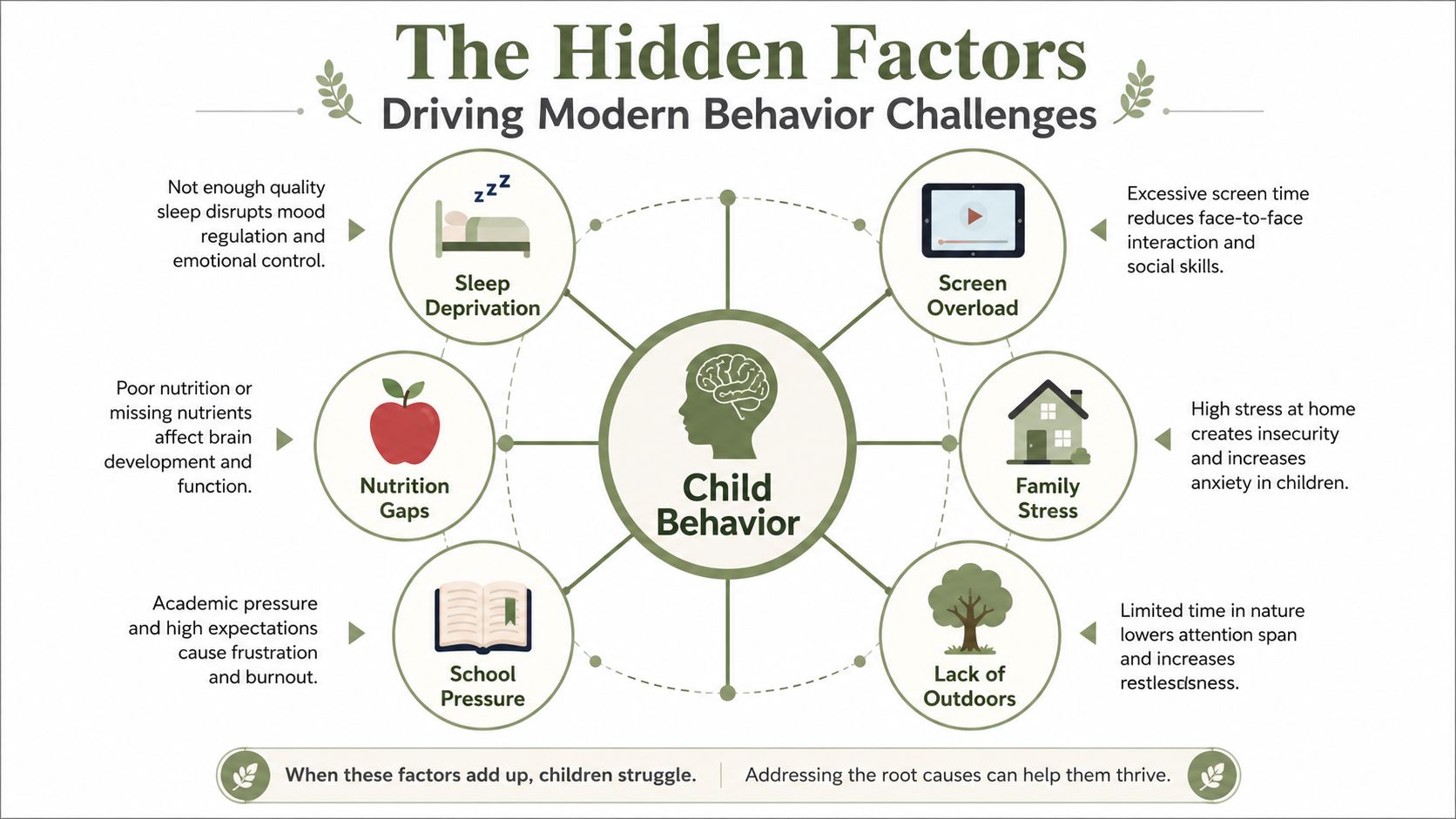 A diagram illustrating six environmental and lifestyle factors affecting child behavior, including sleep, screen time, and stress.