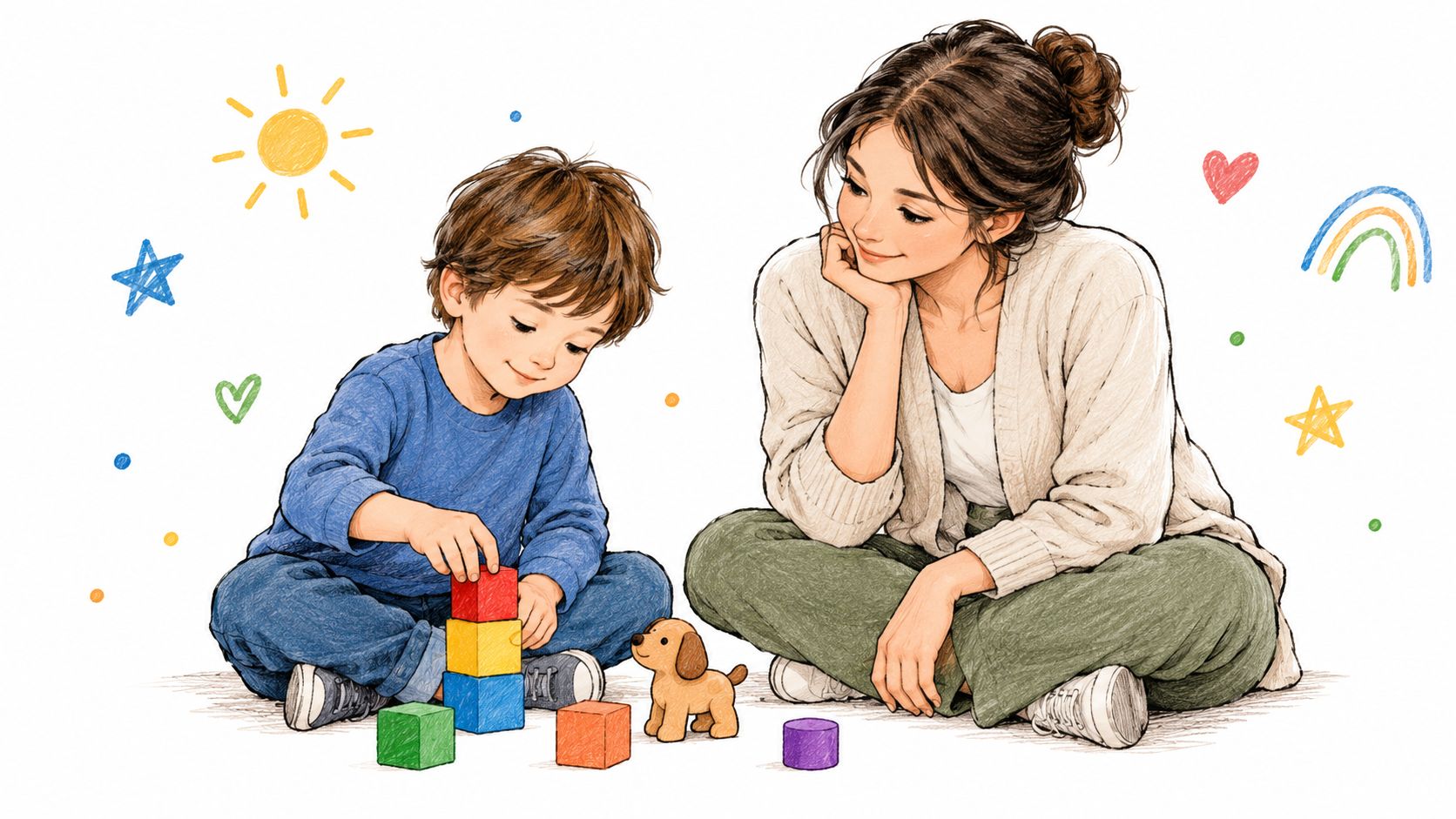 A warm, sketched illustration of a mother and her young son playing together with colorful blocks.