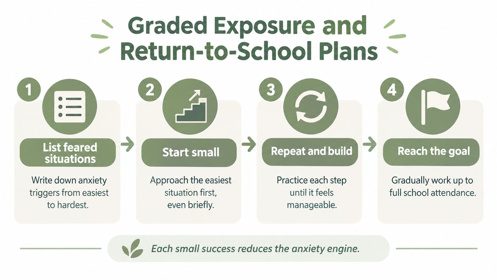An infographic showing a four-step guide on graded exposure techniques to help students overcome school-related anxiety.