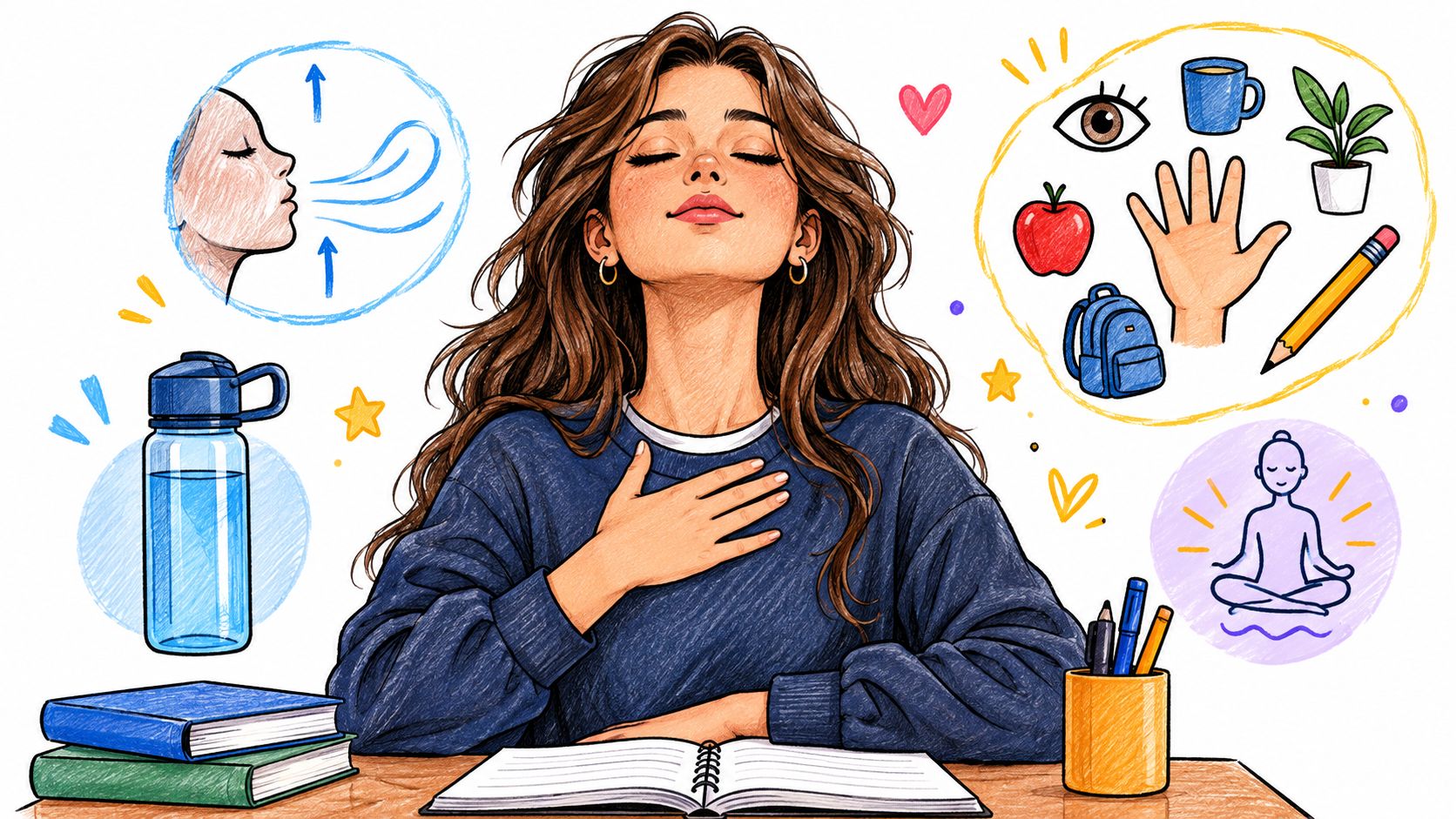 A girl practicing mindfulness and breathing exercises at a desk to manage school-related anxiety and stress.