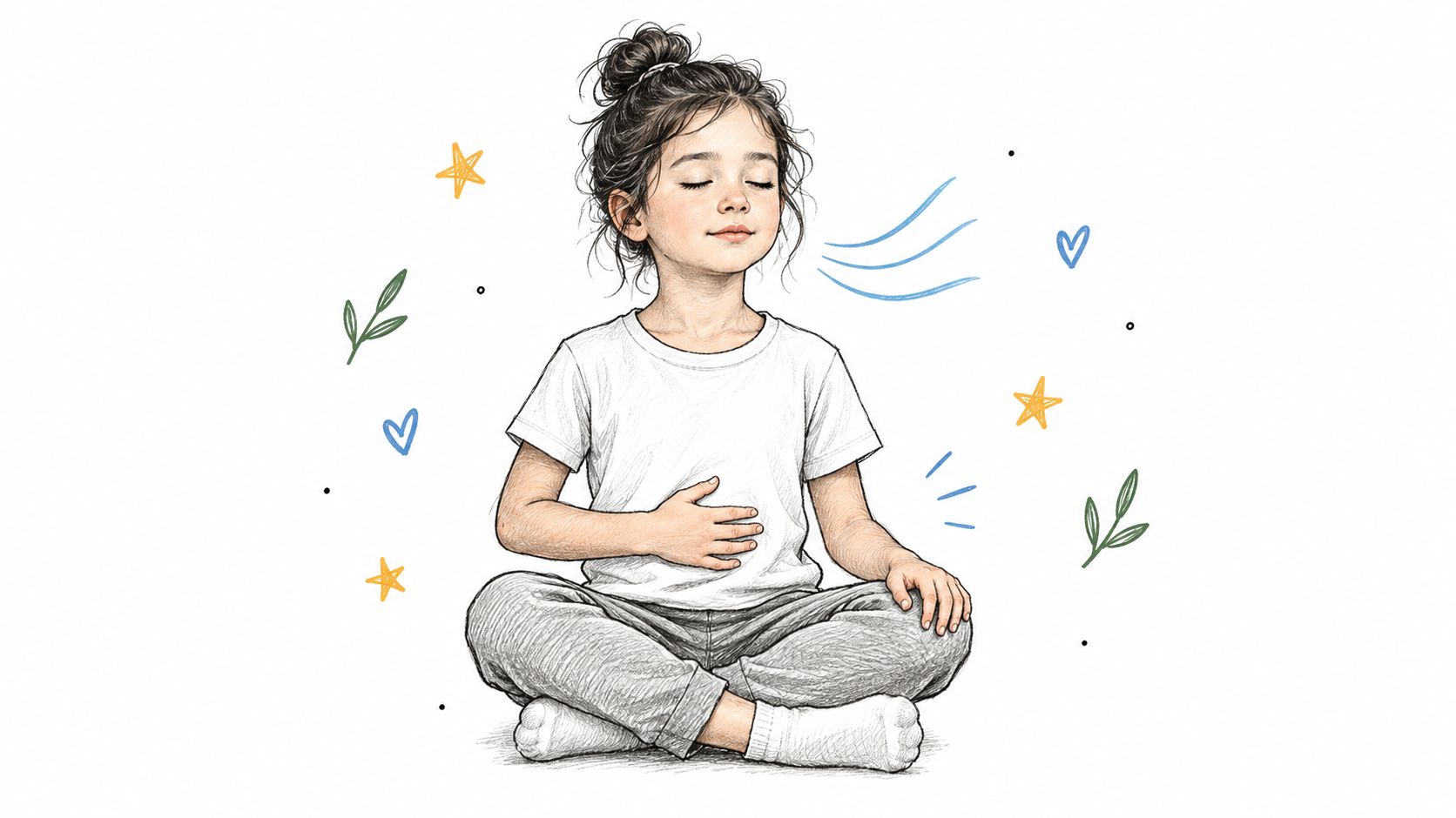 A pencil sketch of a young girl sitting cross-legged, practicing deep breathing exercises for mindfulness and relaxation.