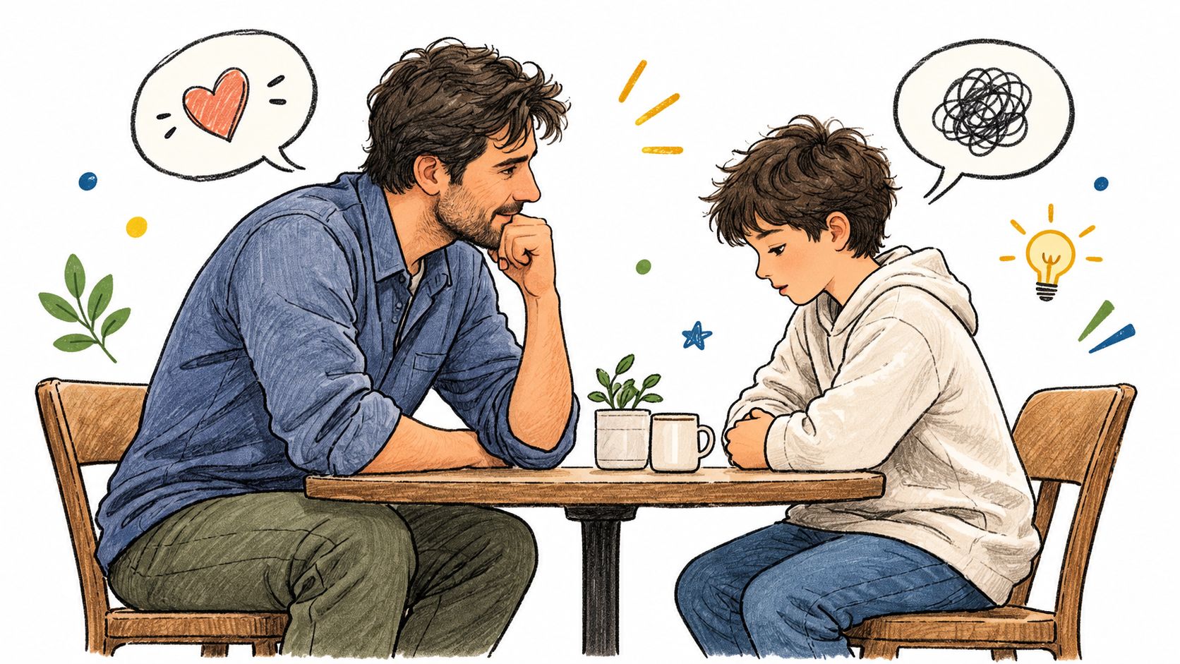A father and son having an emotional conversation about feelings and struggles at a cafe table.