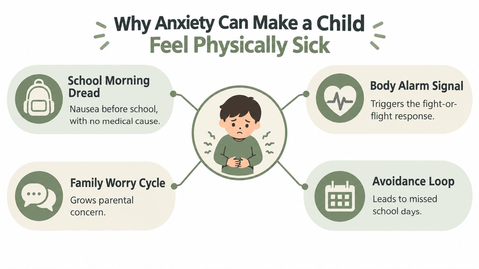 An infographic illustrating four ways anxiety causes physical illness in children, including school dread and body alarms.