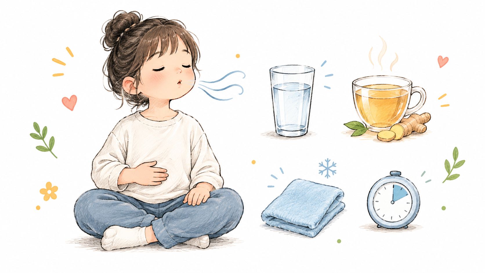 A girl practicing deep breathing with water, ginger tea, a cold towel, and a timer for nausea relief.