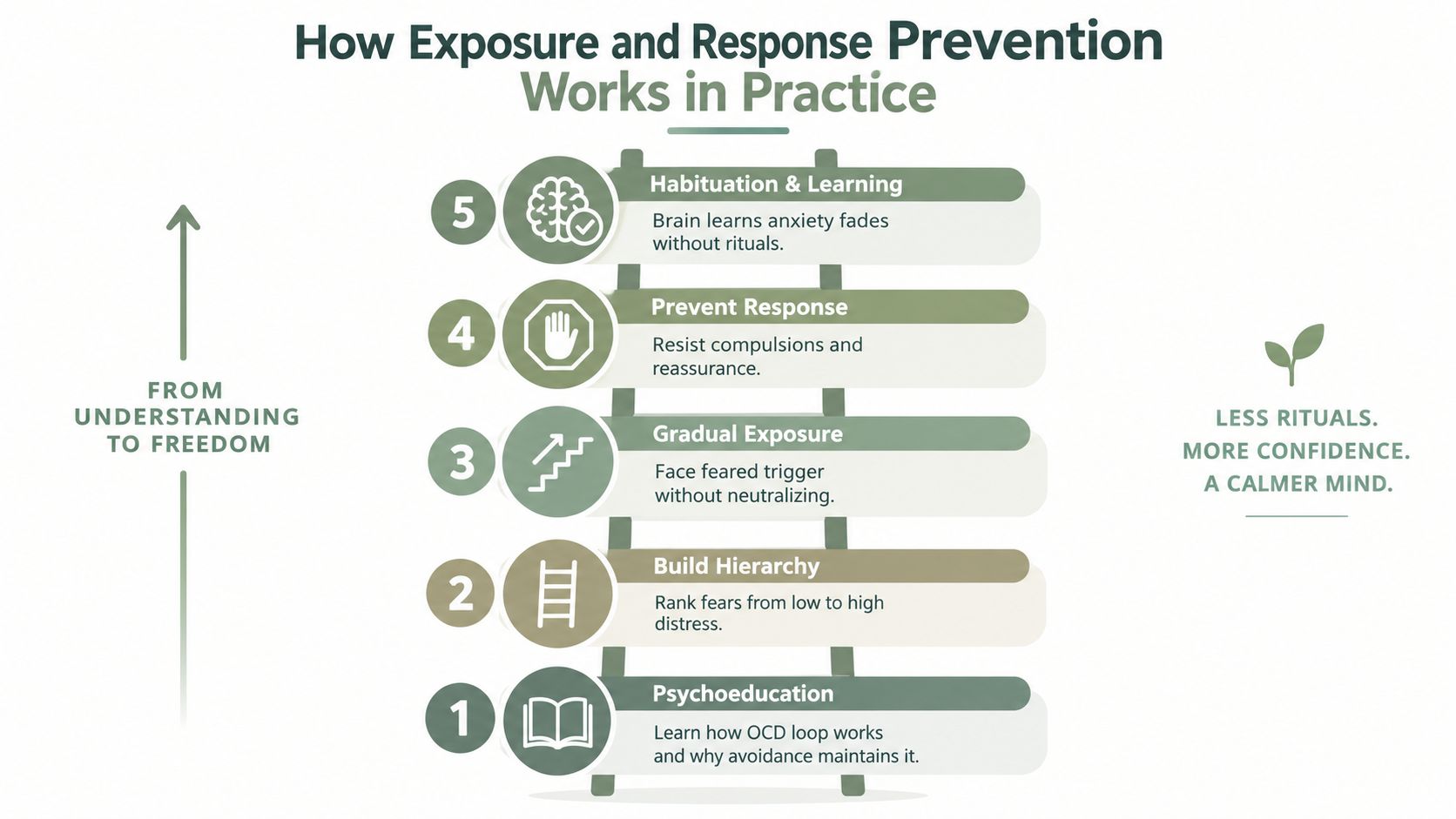A five-step ladder graphic illustrating the practice of exposure and response prevention therapy for managing OCD.