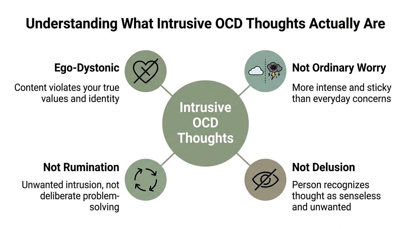 A diagram explaining that intrusive OCD thoughts are ego-dystonic, not ordinary worry, not rumination, and not delusions.