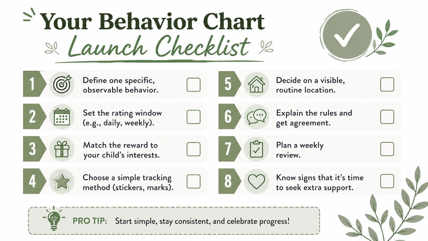 A helpful eight-step checklist for launching a child's behavior chart, featuring icons and a pro tip.