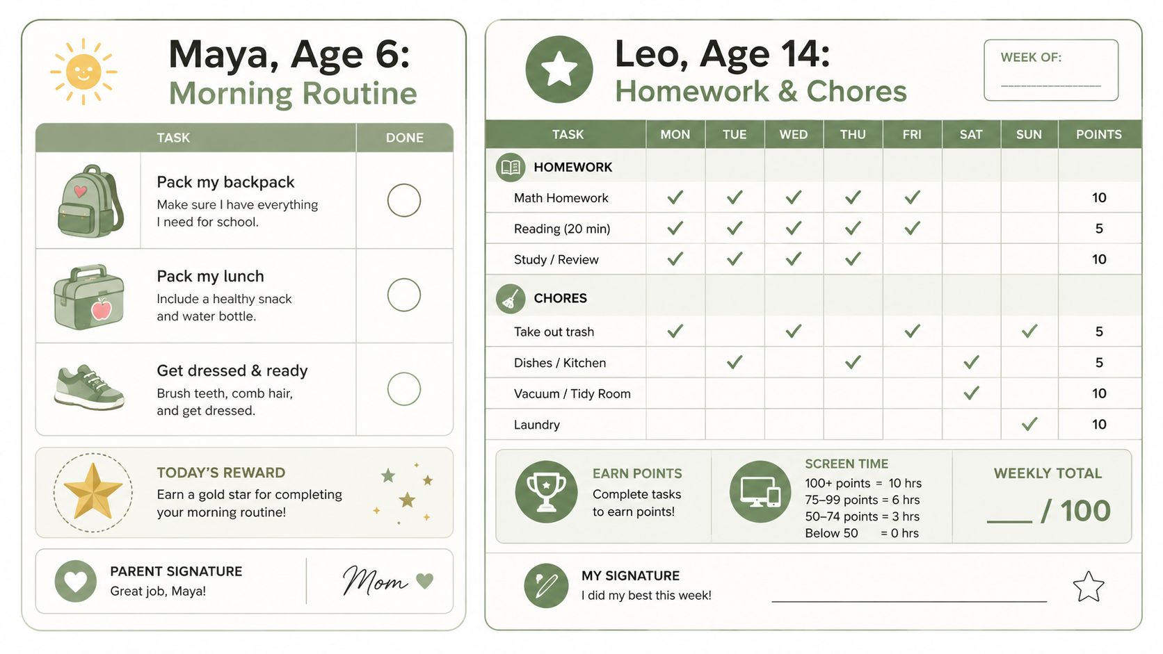 A printable behavior and chores chart featuring morning tasks for six year old Maya and homework for Leo.