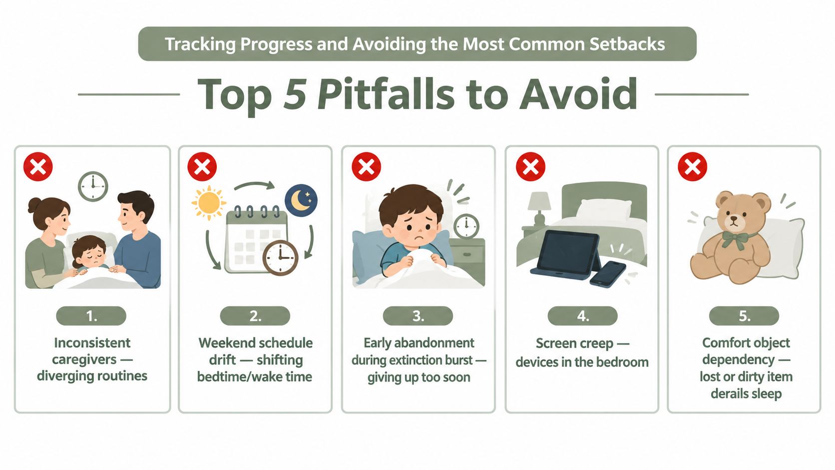An infographic showing the top five common pitfalls to avoid for improved child sleep success.