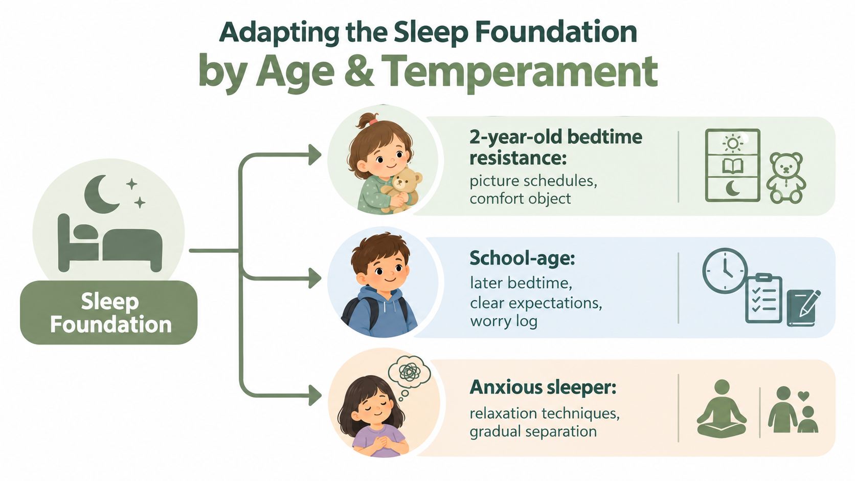 An infographic titled Adapting the Sleep Foundation by Age and Temperament showing tips for children's sleep challenges.