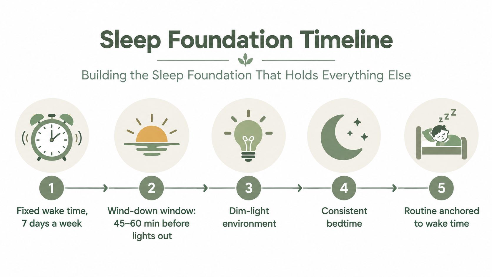 A five-step sleep foundation timeline infographic showing tips for establishing a consistent healthy sleeping routine.