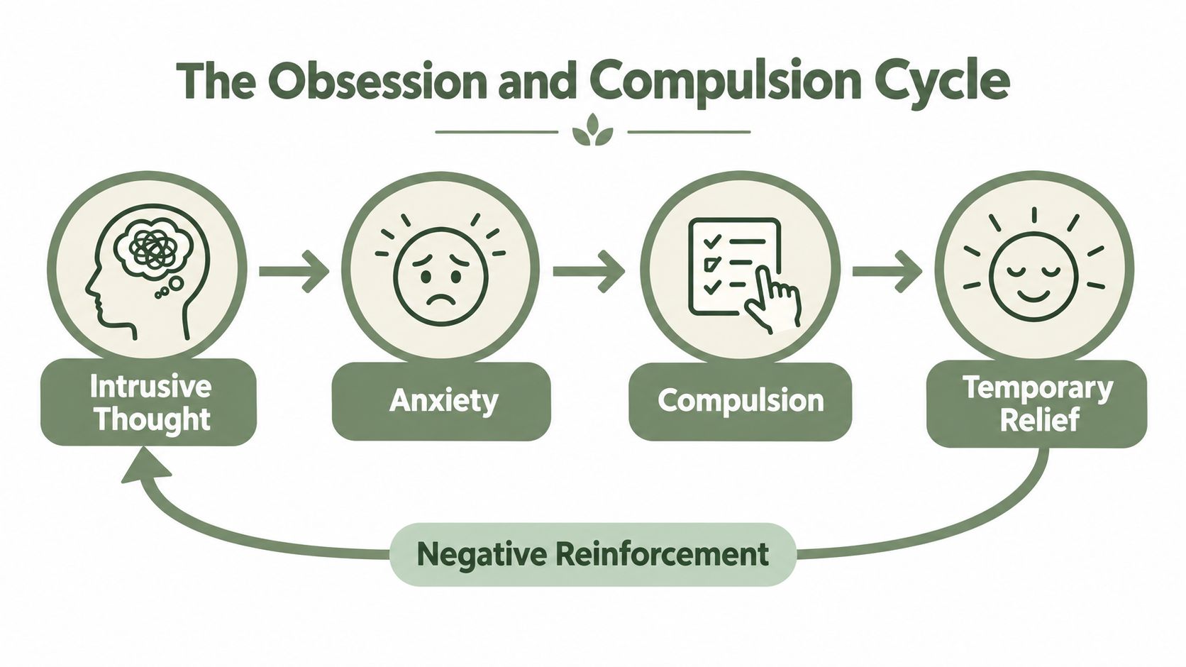 A diagram illustrating the obsession and compulsion cycle, showing the progression from intrusive thoughts to relief.