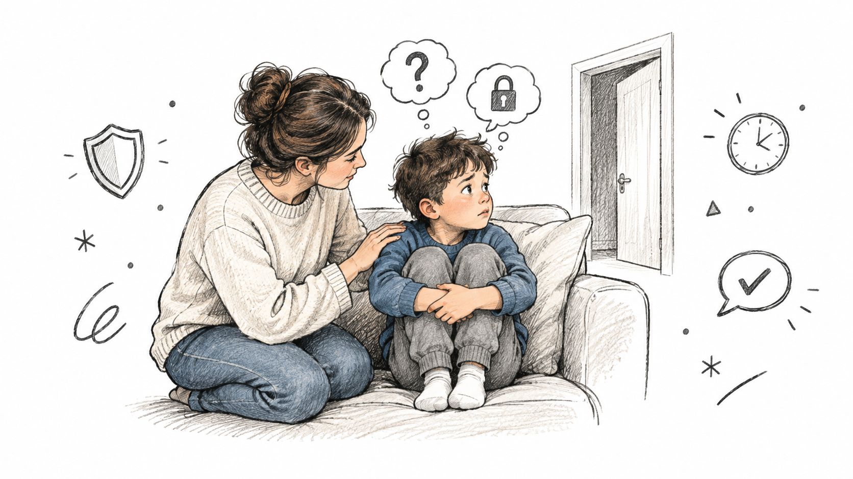 A concerned mother comforting her anxious young son who is sitting on a couch with intrusive thoughts.