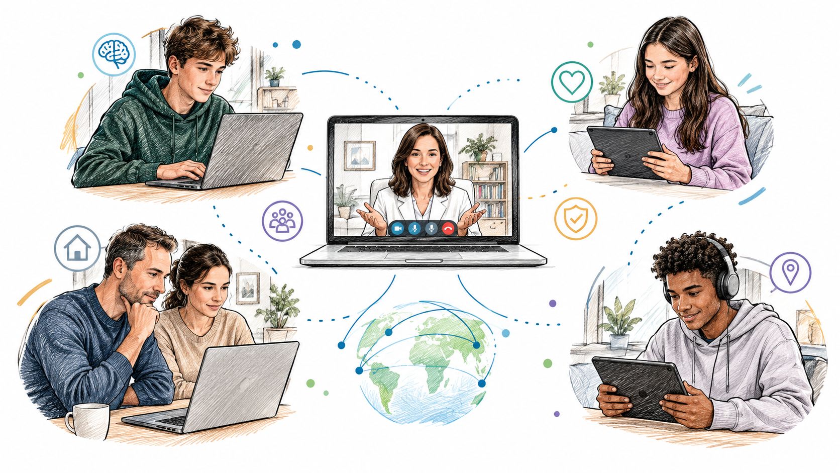 A digital illustration showing diverse people connecting with a professional woman on a laptop via video call.