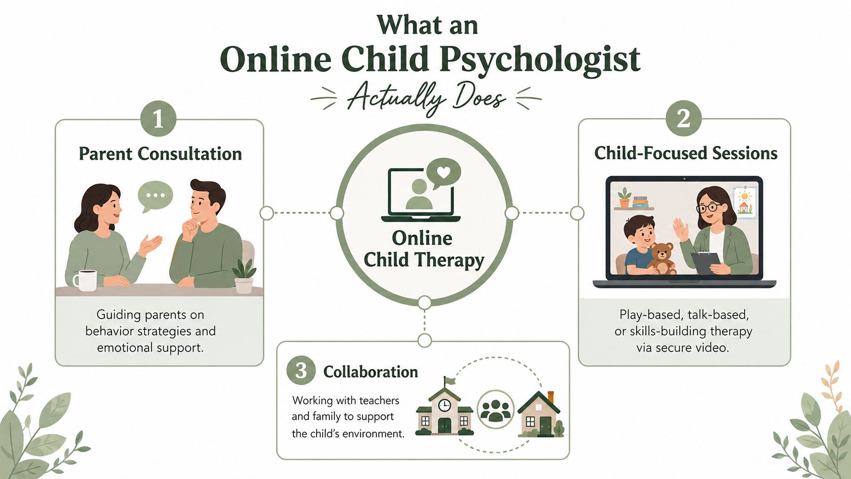 An infographic detailing the roles of an online child psychologist, including parent consultation, child-focused sessions, and collaboration.