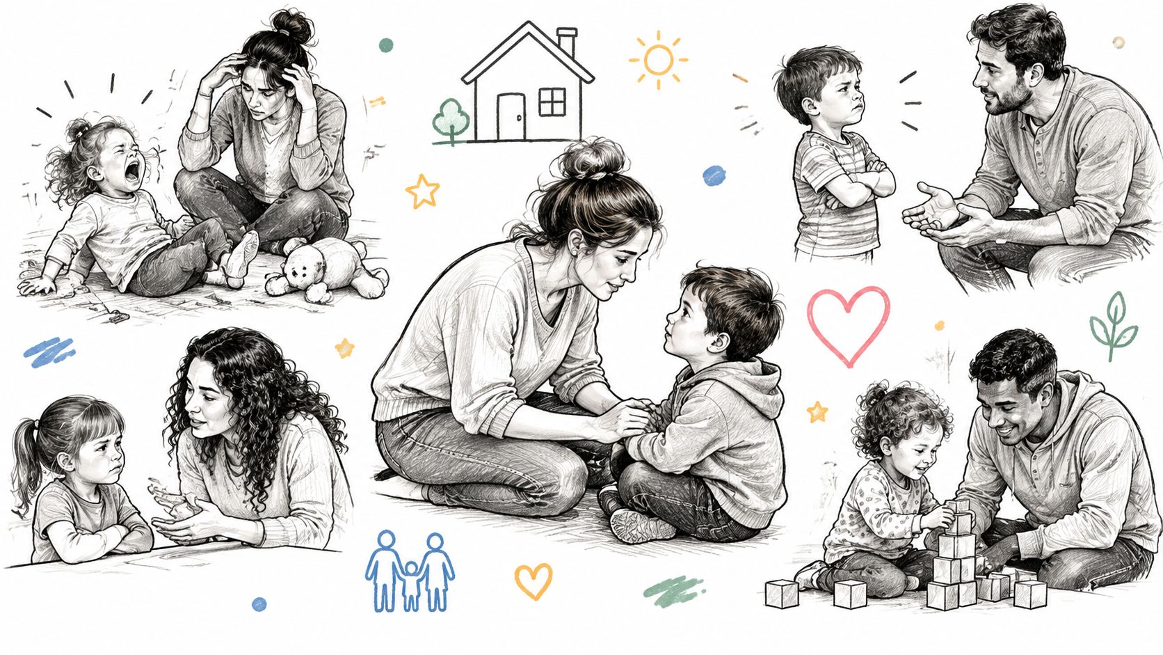 A collage showing various positive and challenging moments of parent-child interaction and communication styles.