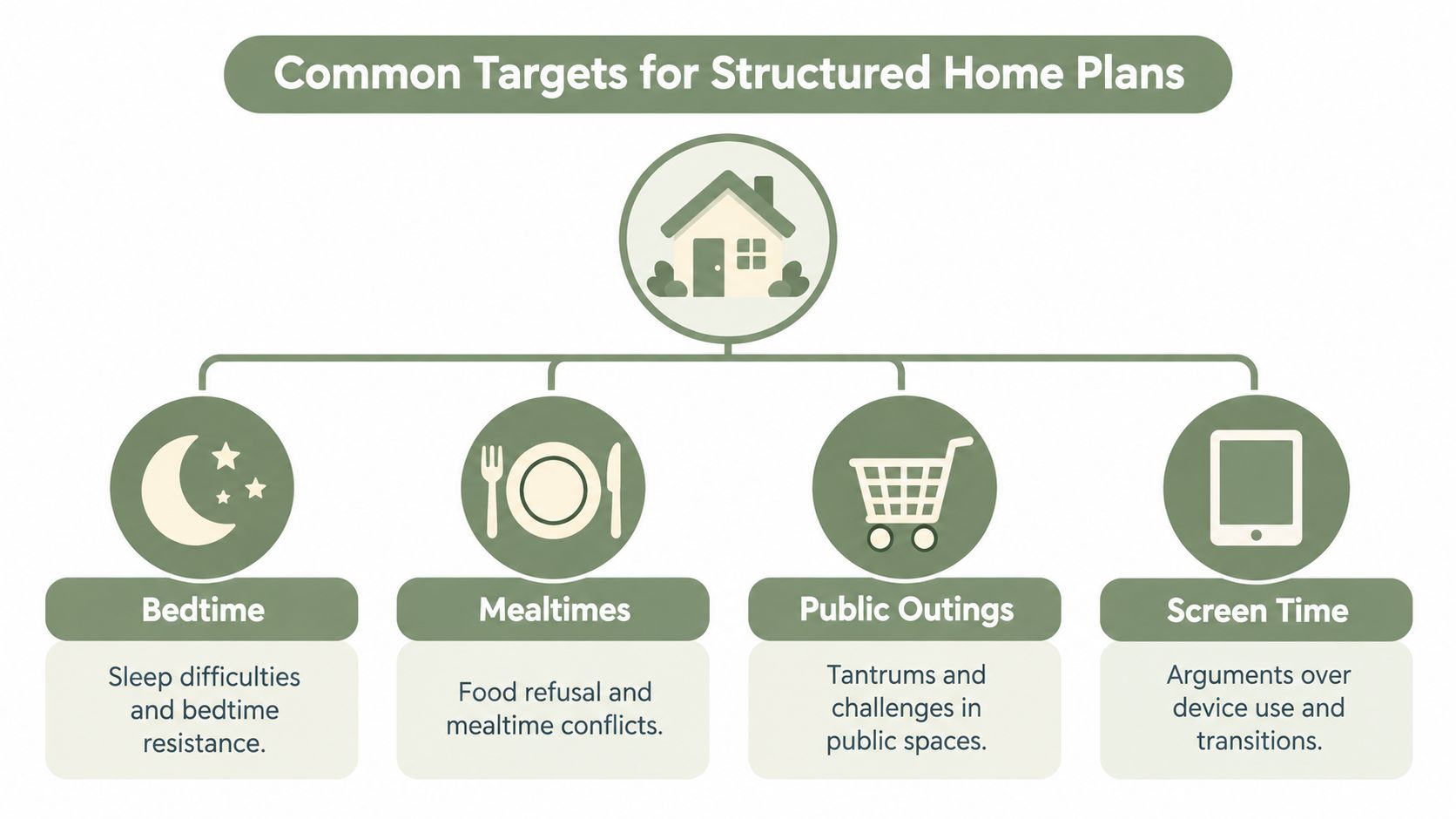 A diagram outlining common targets for structured home plans, including bedtimes, mealtimes, public outings, and screen time.