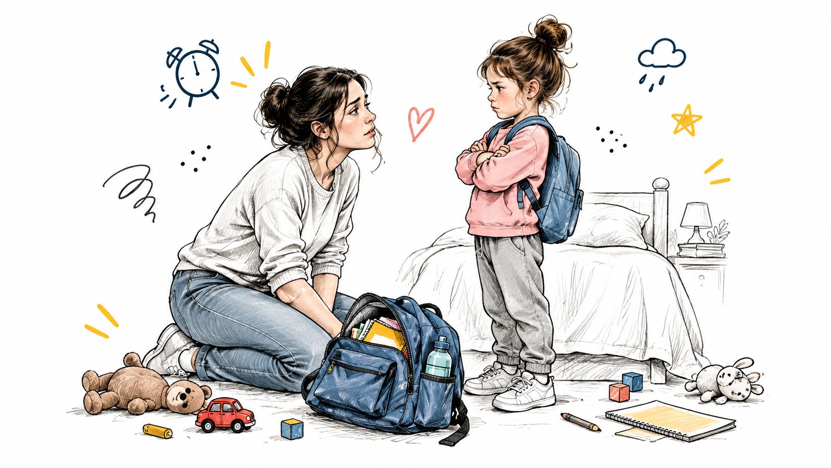 A mother kneeling on the floor, looking concerned while speaking with her grumpy young daughter in a bedroom.