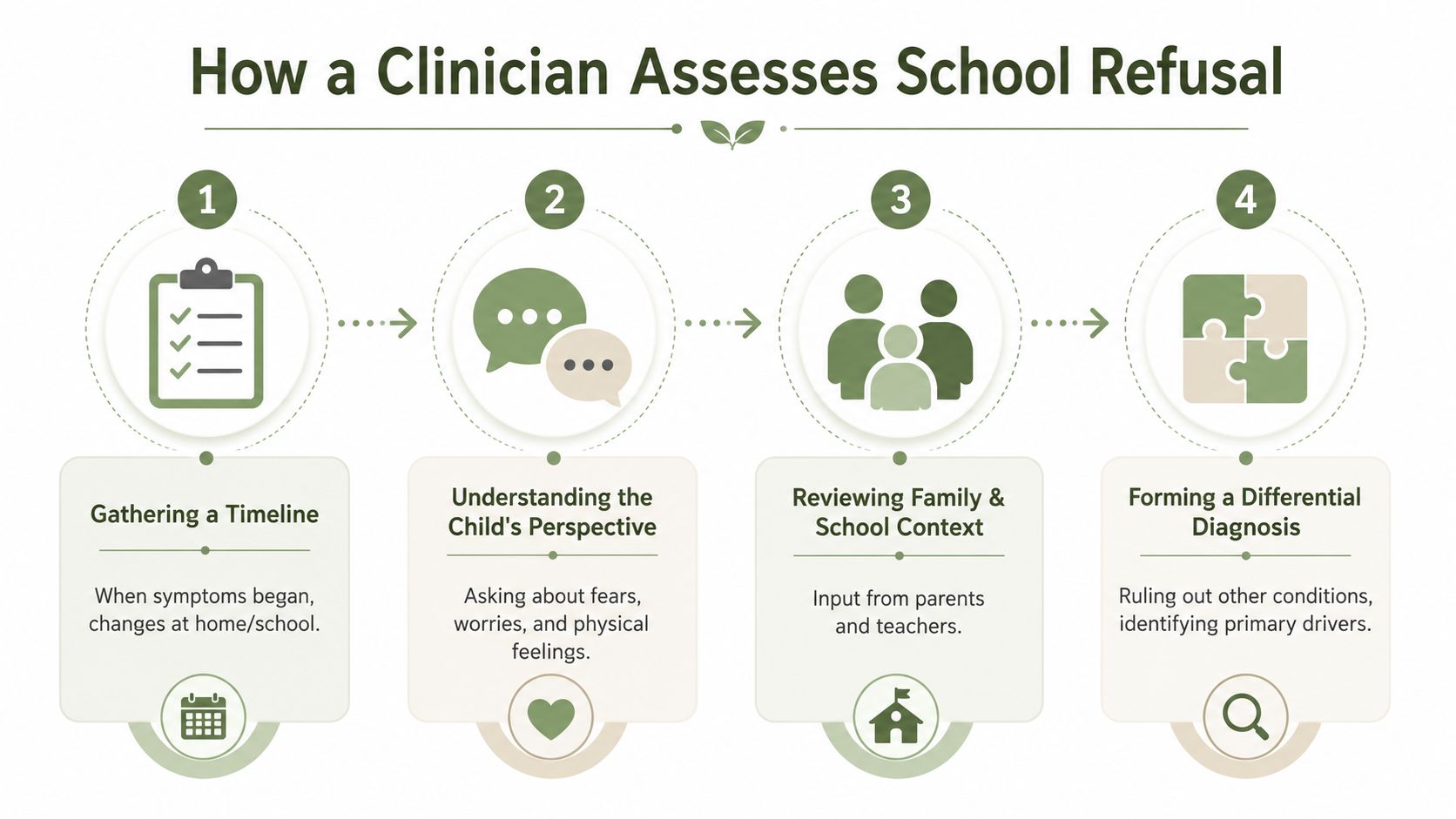 A four-step infographic illustrating how a clinician assesses school refusal through clinical evaluation and diagnostic processes.