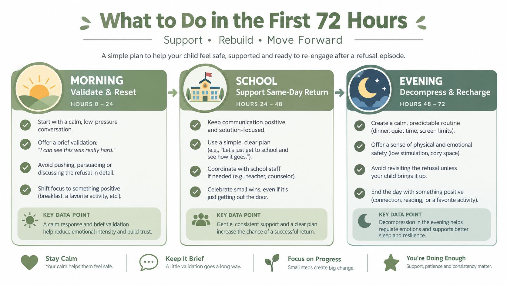 An infographic titled What to Do in the First 72 Hours for supporting children experiencing school refusal.