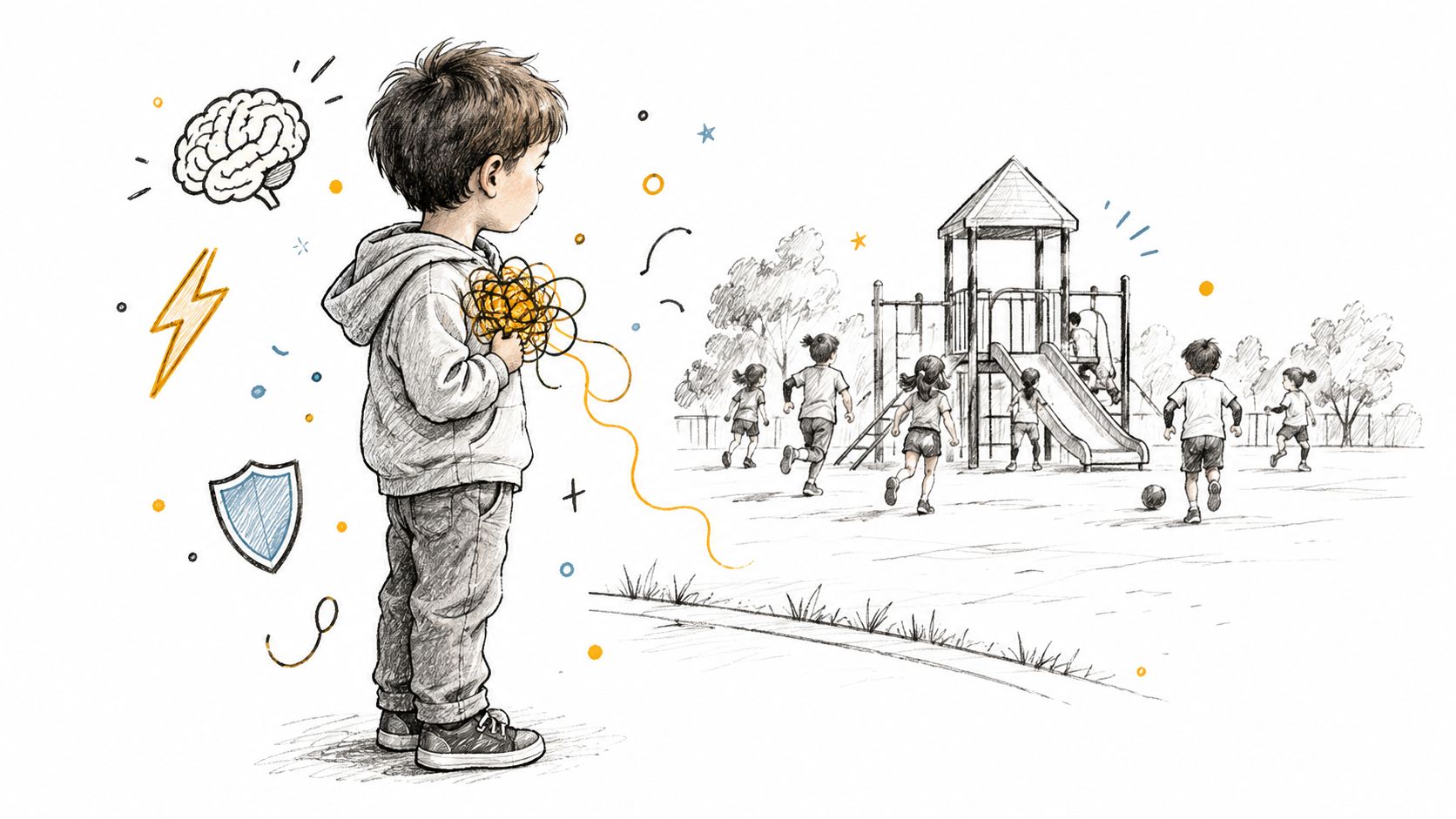 A lonely boy holding a tangled ball of yarn watches other children playing on a playground.