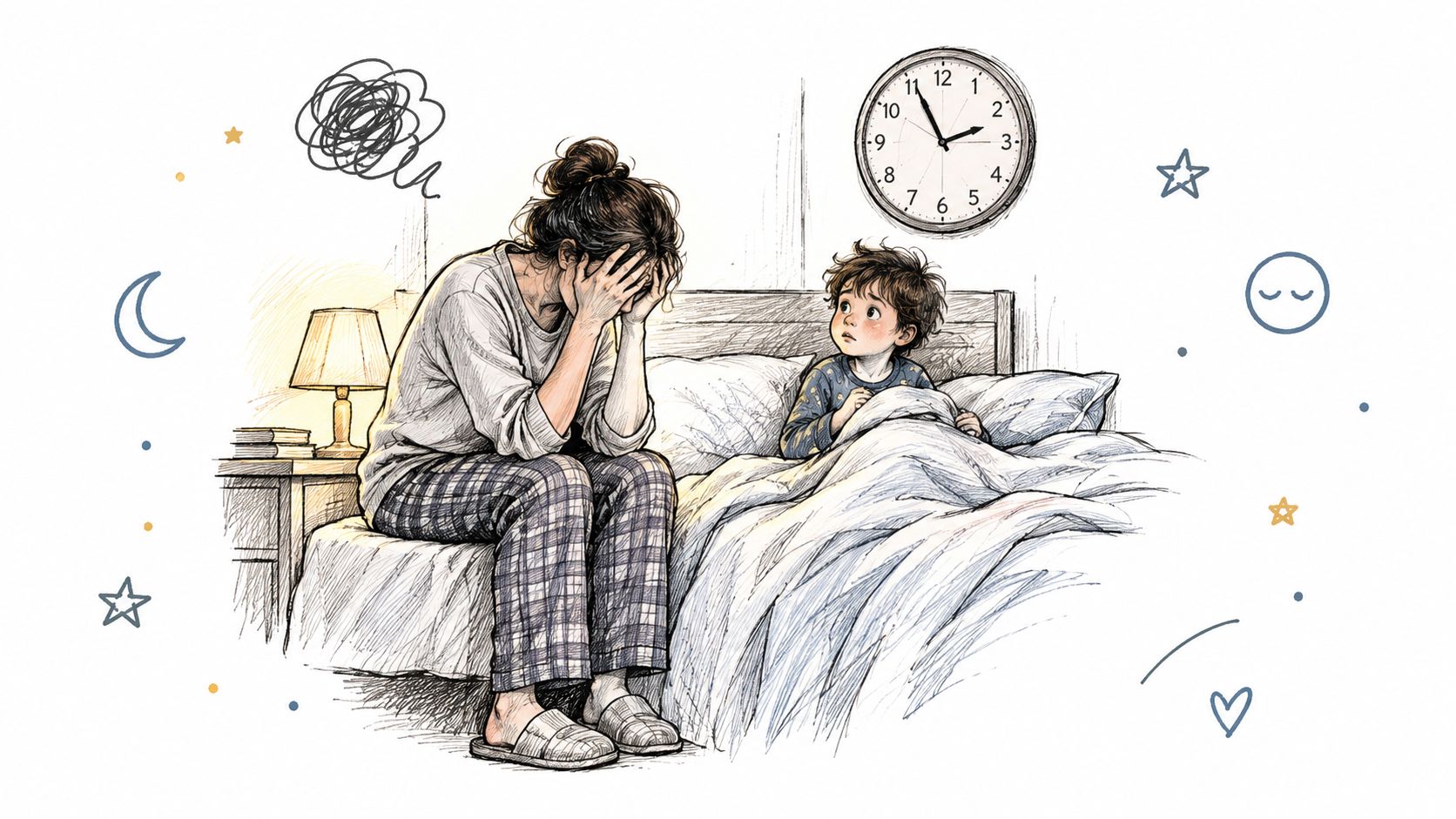 A tired mother sits on the side of a bed looking exhausted while her child watches her.