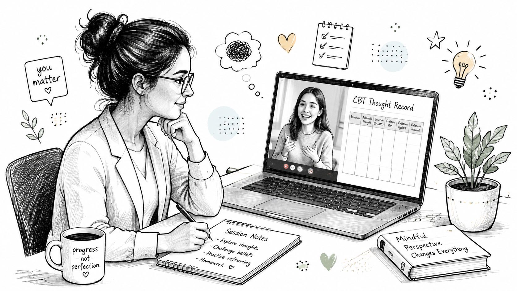 A woman sketching session notes during a telehealth therapy session on her laptop with a CBT worksheet.