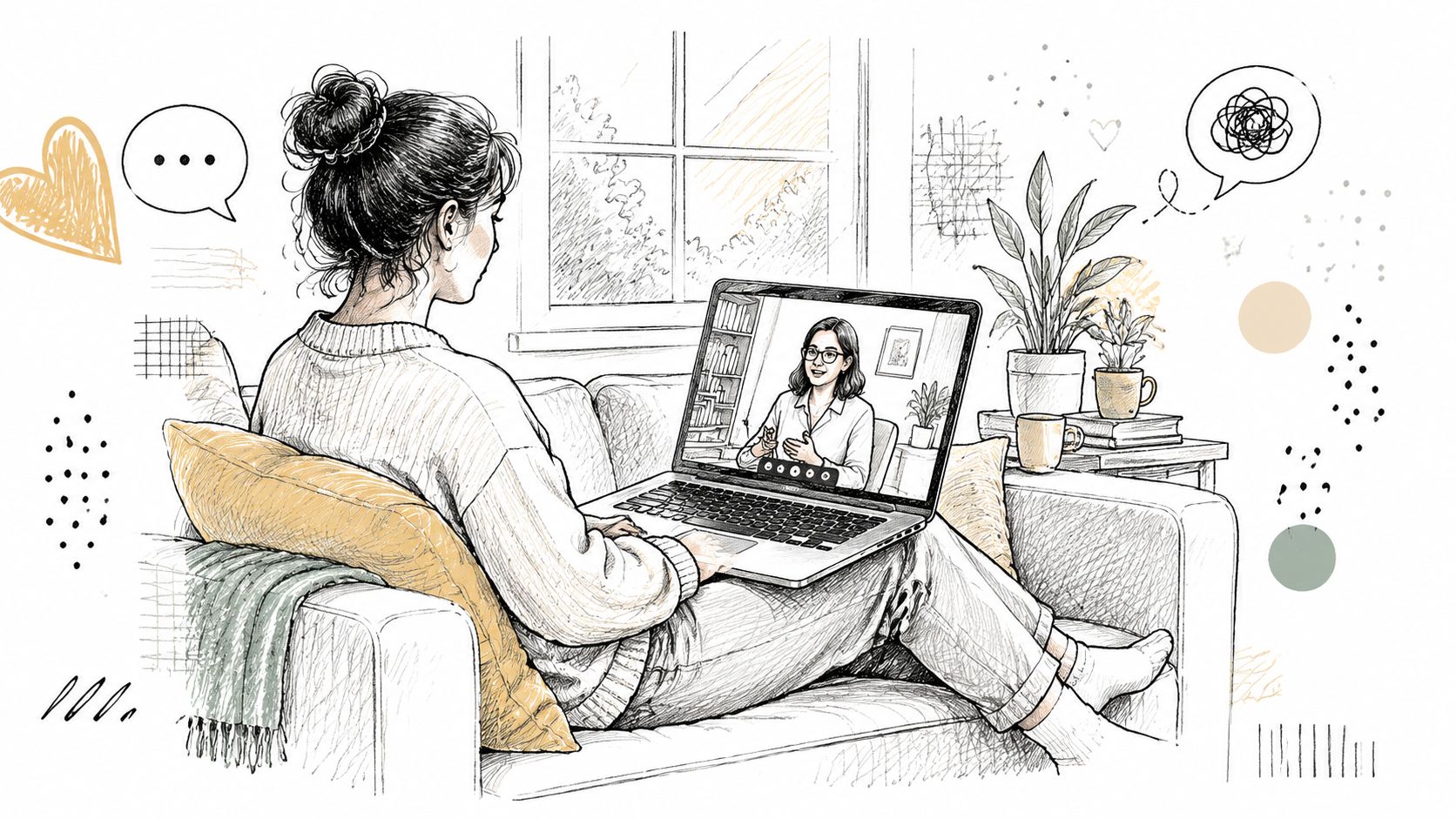 A woman sitting on a couch having a virtual therapy session on her laptop at home.