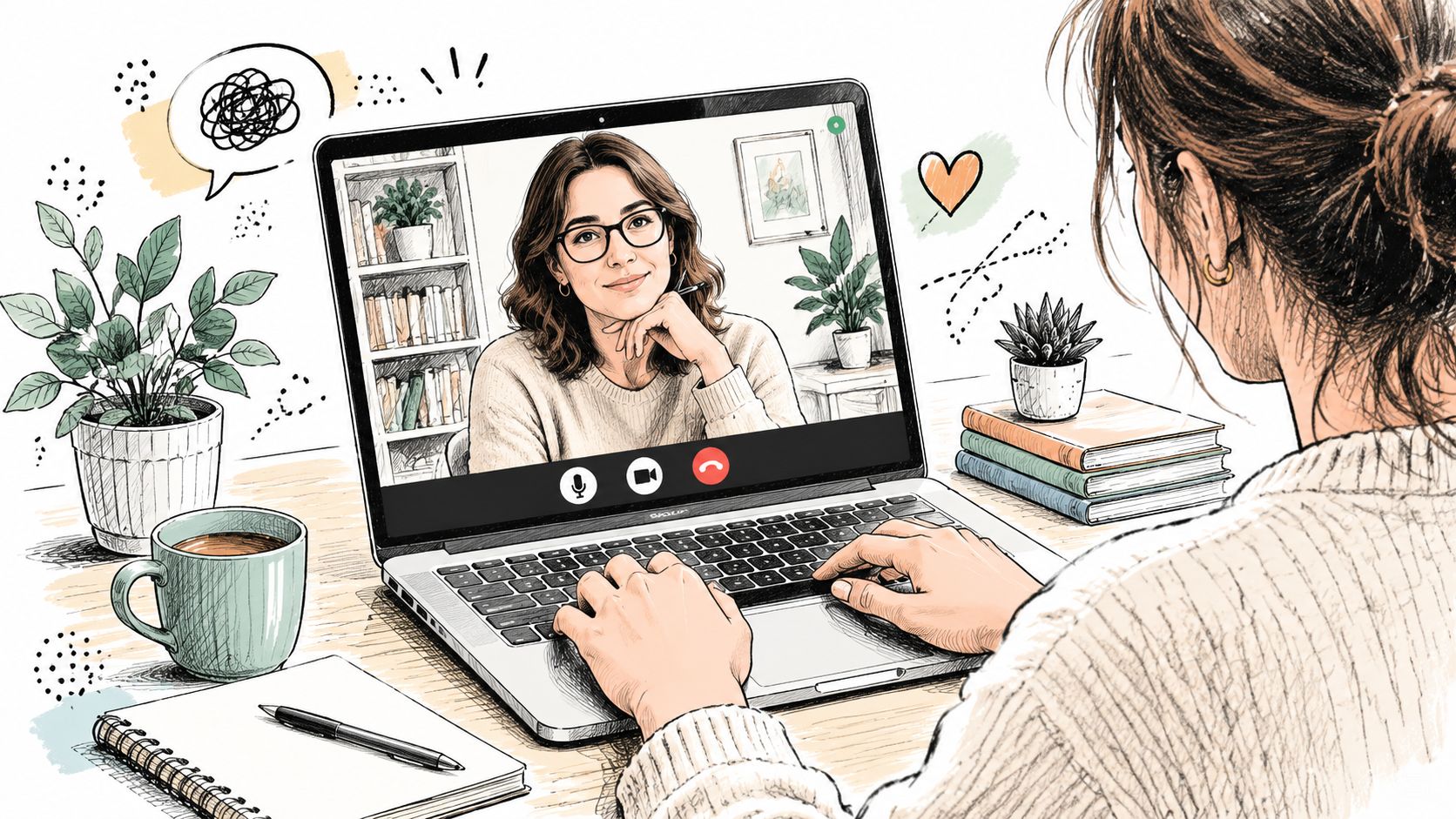 A young woman participating in a remote telehealth therapy session on her laptop with a professional counselor.