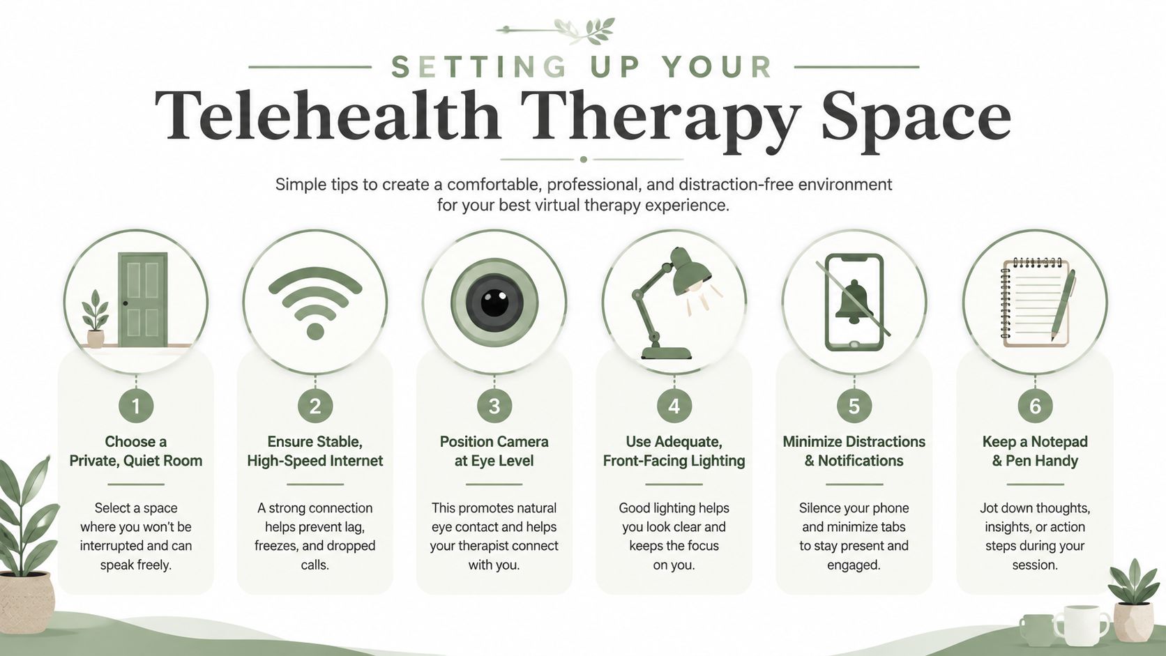 An infographic titled Setting Up Your Telehealth Therapy Space with six simple tips for a virtual therapy session.