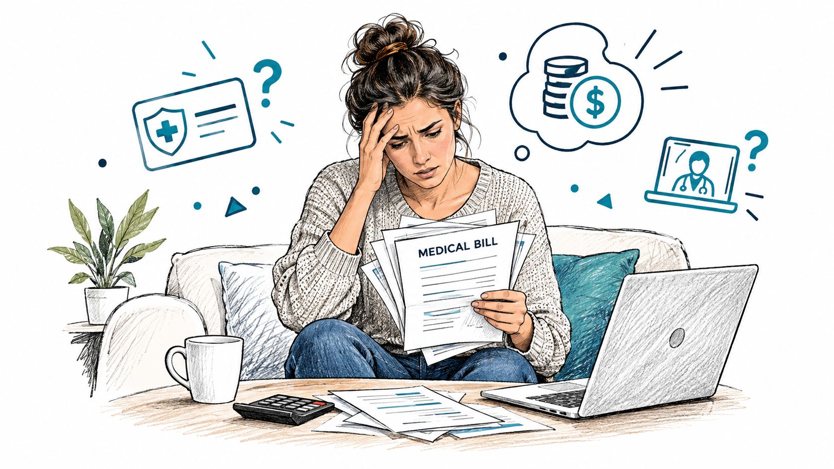 A stressed woman sitting on a couch, holding medical bills while looking at a laptop and documents.