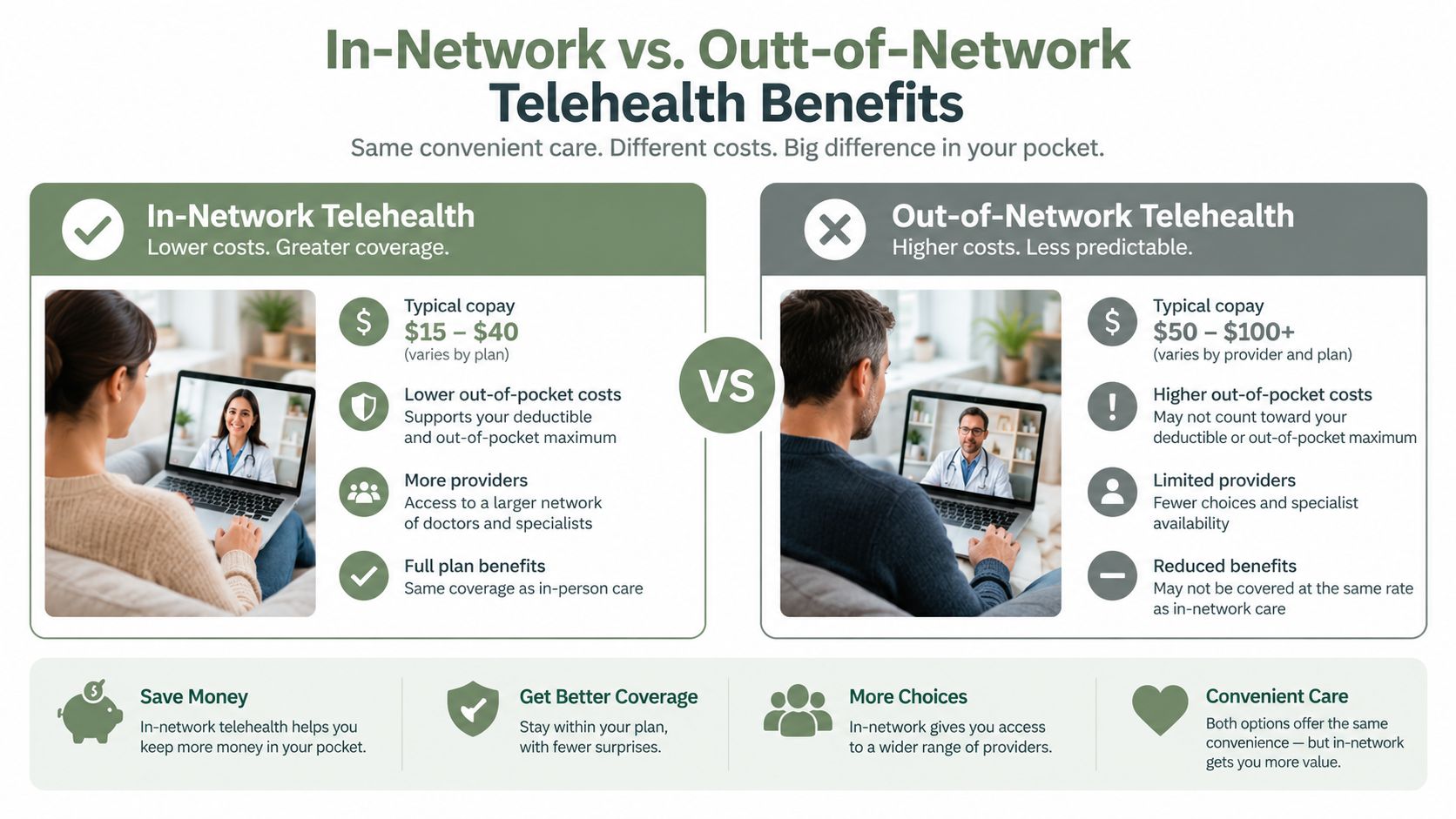 A comparison chart showing the financial and coverage benefits of using in-network versus out-of-network telehealth providers.
