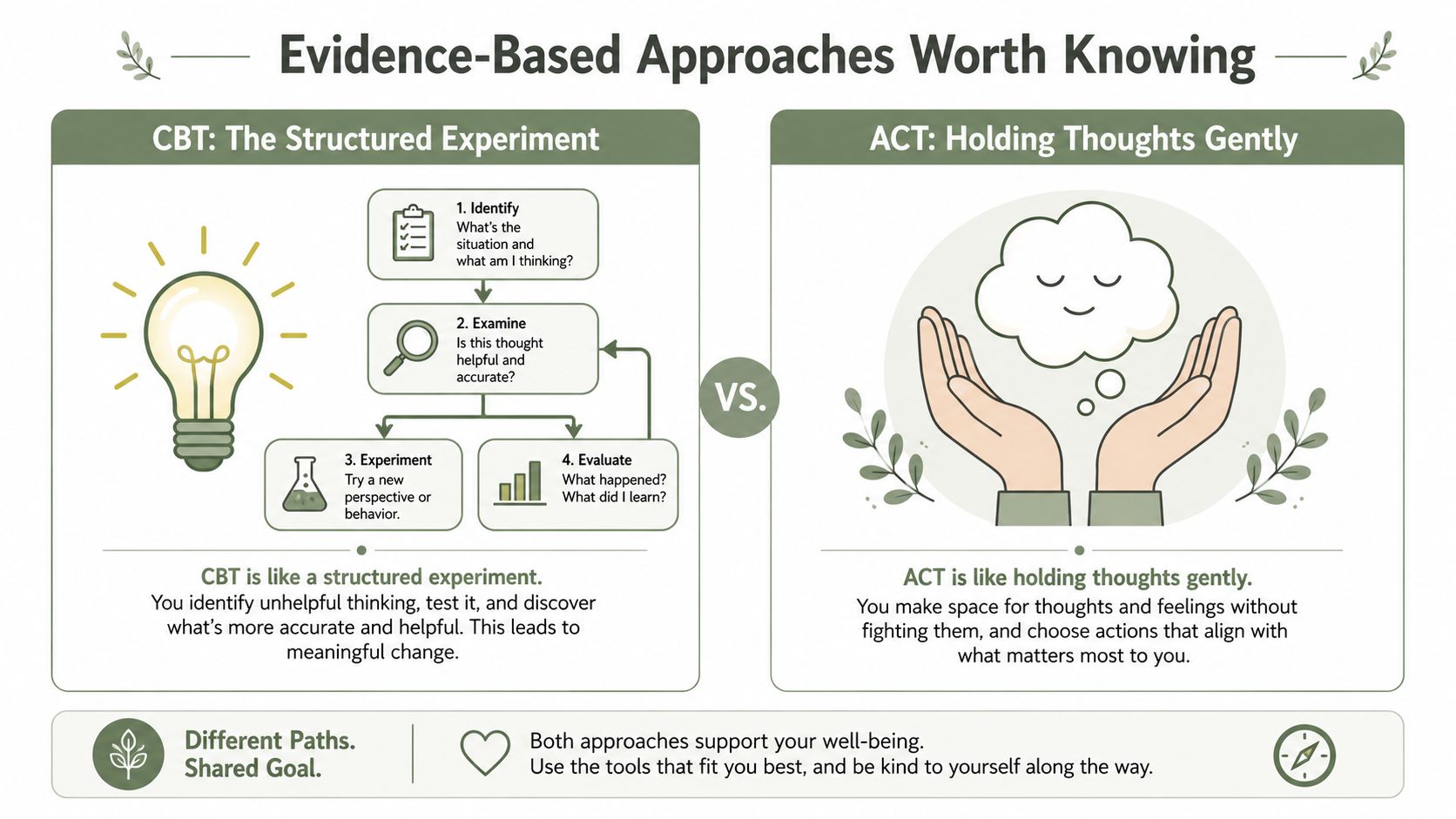 A comparison infographic between CBT structured experiments and ACT holding thoughts gently for mental health therapy approaches.