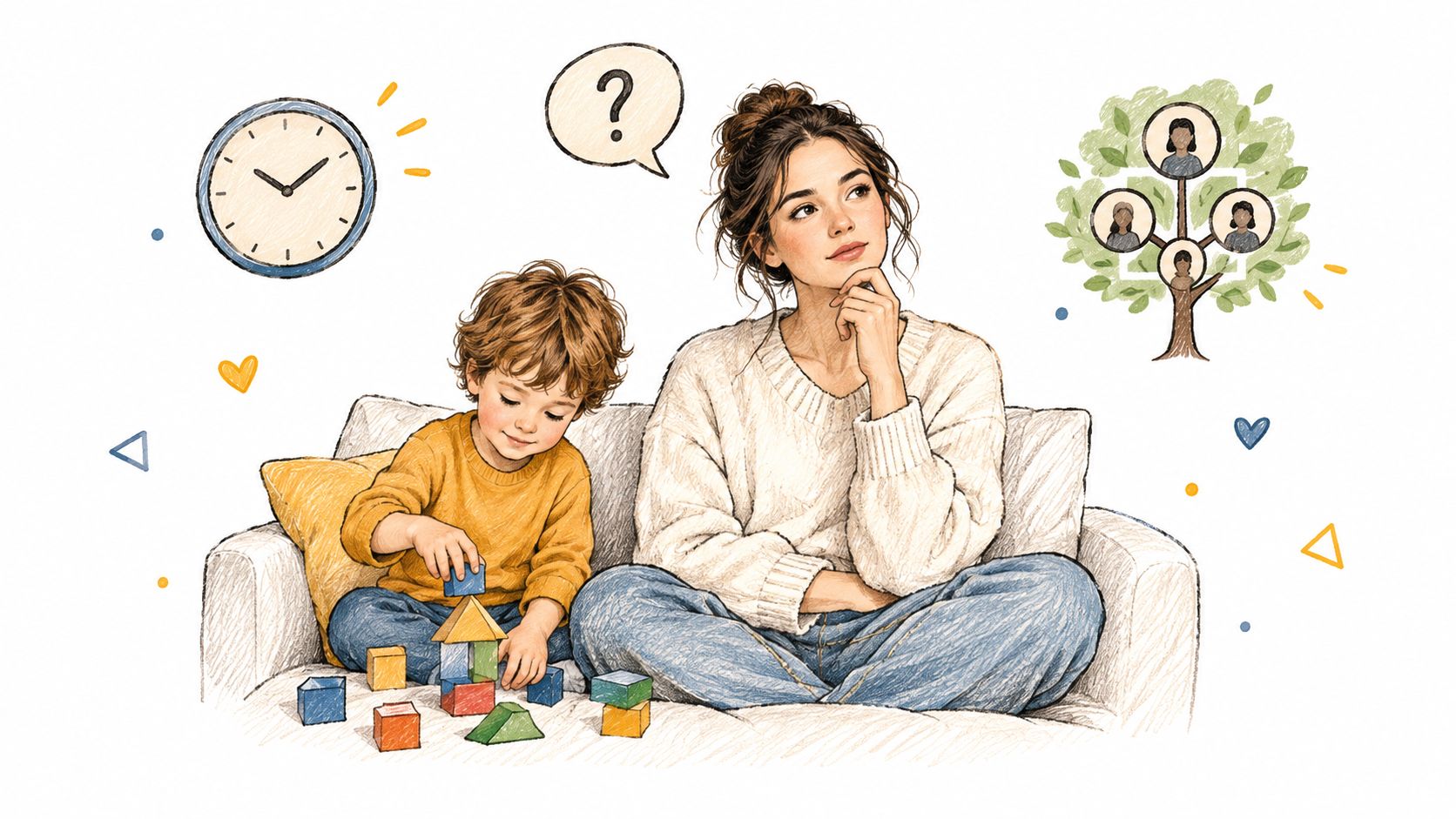 A woman thinking while her child plays with colorful wooden blocks on a couch with illustrated icons.